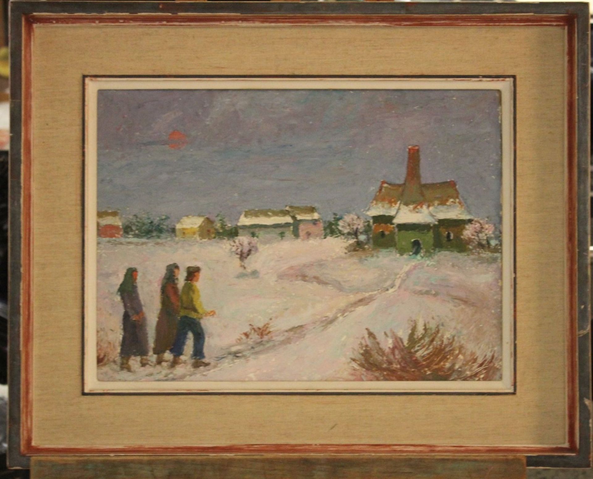 Eugen AMMANN (1882-1978), Winterlandschaft mit Personen u. Gebäuden, Öl/Hartfaser, verso signiert - Image 2 of 4