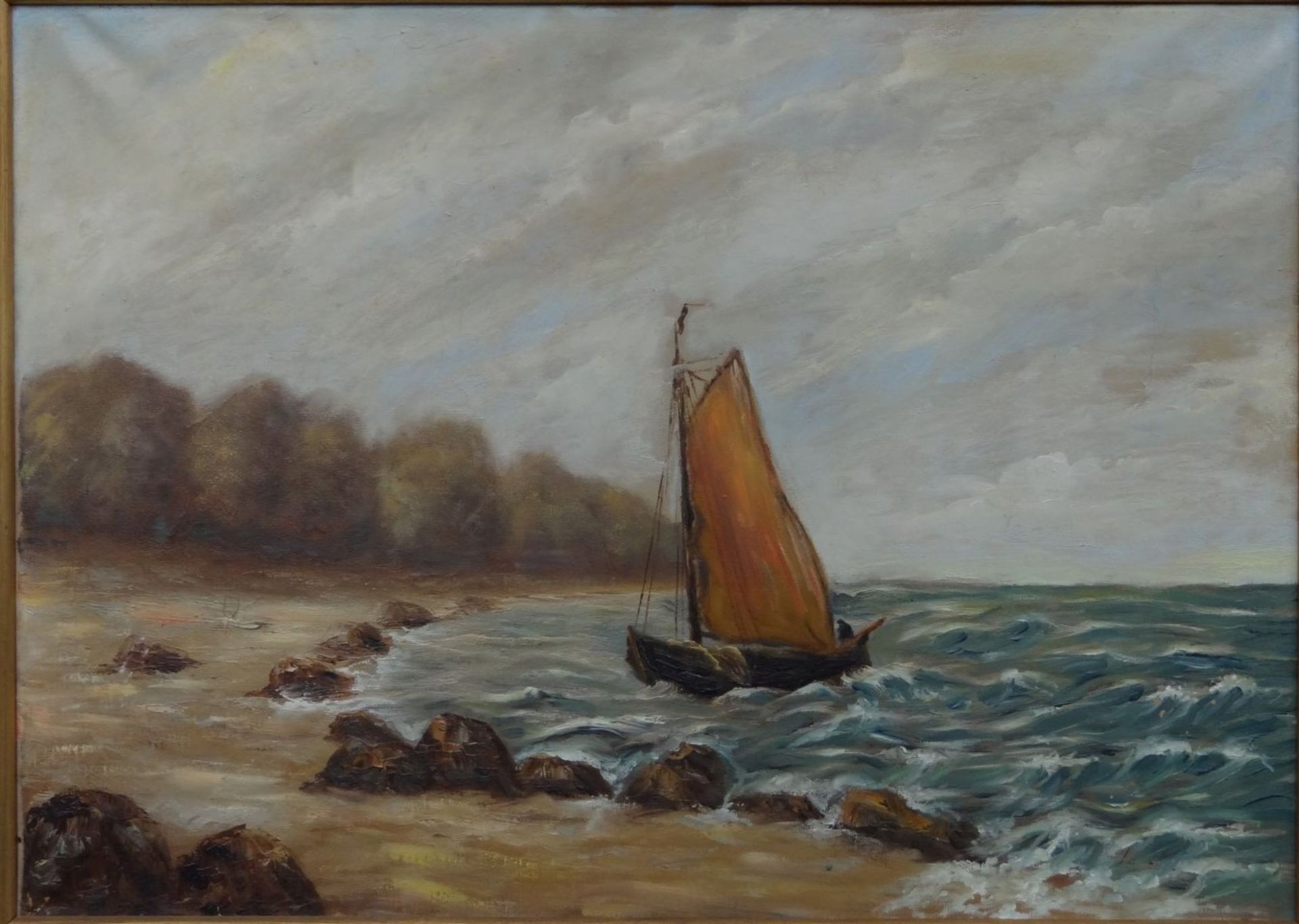 anonymes Gemälde "Segelkutter am Ufer"ÖlLeinen, alt gerahmt, RG60x80 cm