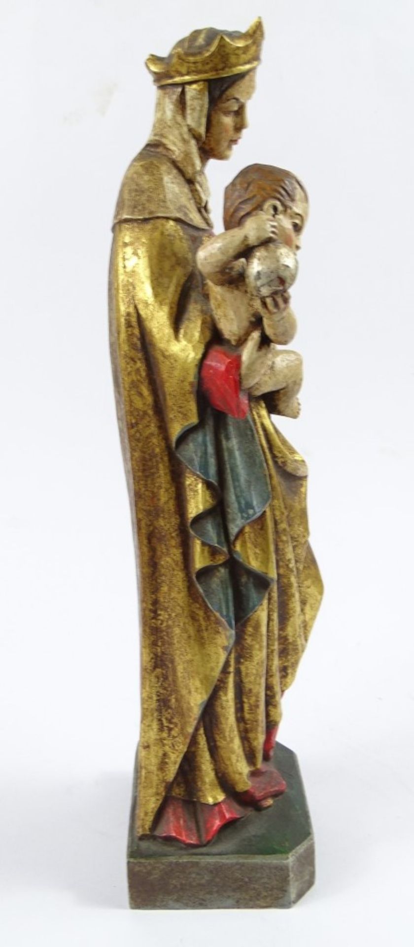 Handgeschnitze Maria mit Jesuskind, Holz, Leonard Höldrich, Oberammergau, H. 30 cm, Zepter der Maria - Image 3 of 6