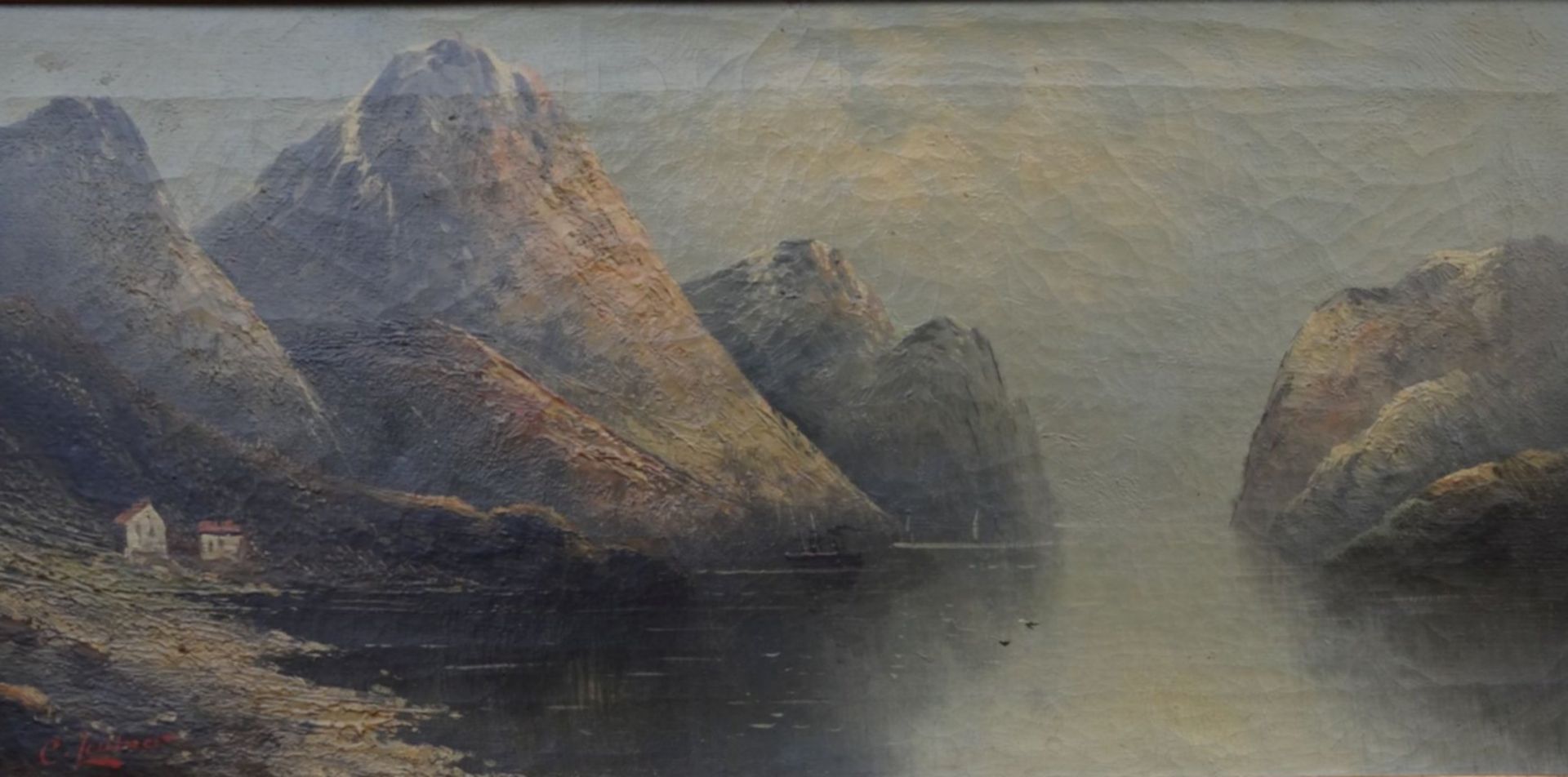 C. Leutner, wohl Karl KAUFMANN (1843-1902/05) "Fjordlandschaft", Öl/Leinen, 25x52 cm, breit gerahmt,