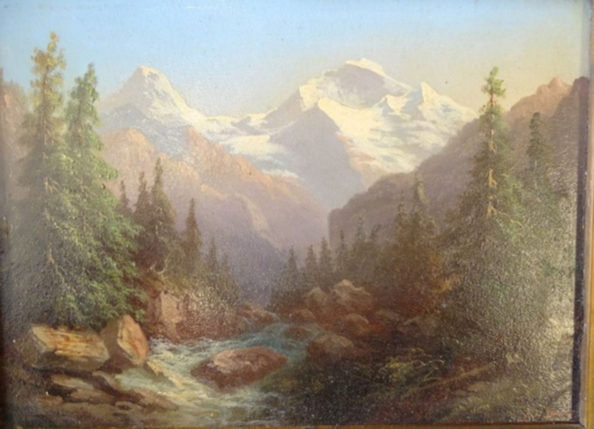J.J. SPRING (XIX) "Alpenlandschaft" Öl/Holz, 17x23 cm, breiter, beschädigter Goldrahmen, RG 35x41 - Image 3 of 5
