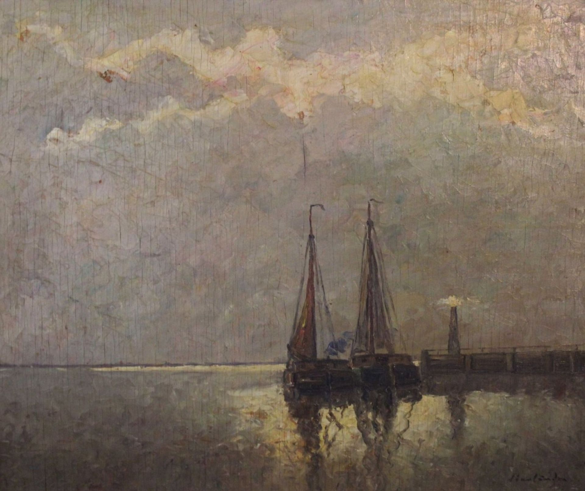 Hans HÄRLANDER (1880-1943), Boote, Öl/Holz, restaurierungs bedürftig, gut gerahmt, RG 65 x 75cm.