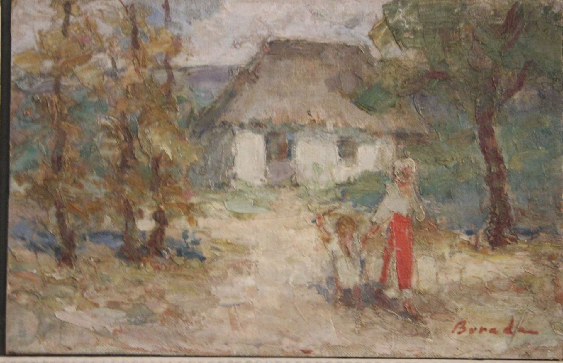 Sever BURADA (1896-1968), Personen vor Bauernhütte, Öl/Hartfaser, gerahmt, RG 36 x 49cm, Rahmen