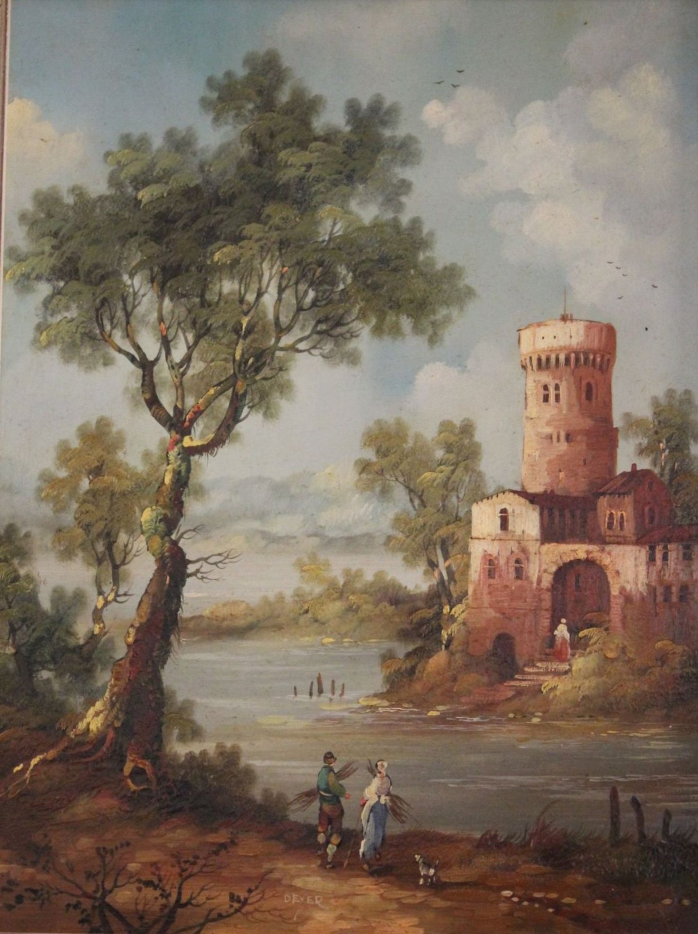 Deyer, wohl Jan DEYER (XIX-XX), Landschaft mit Personen und Burg, Öl/Kupferplatte, gerahmt, RG 32,