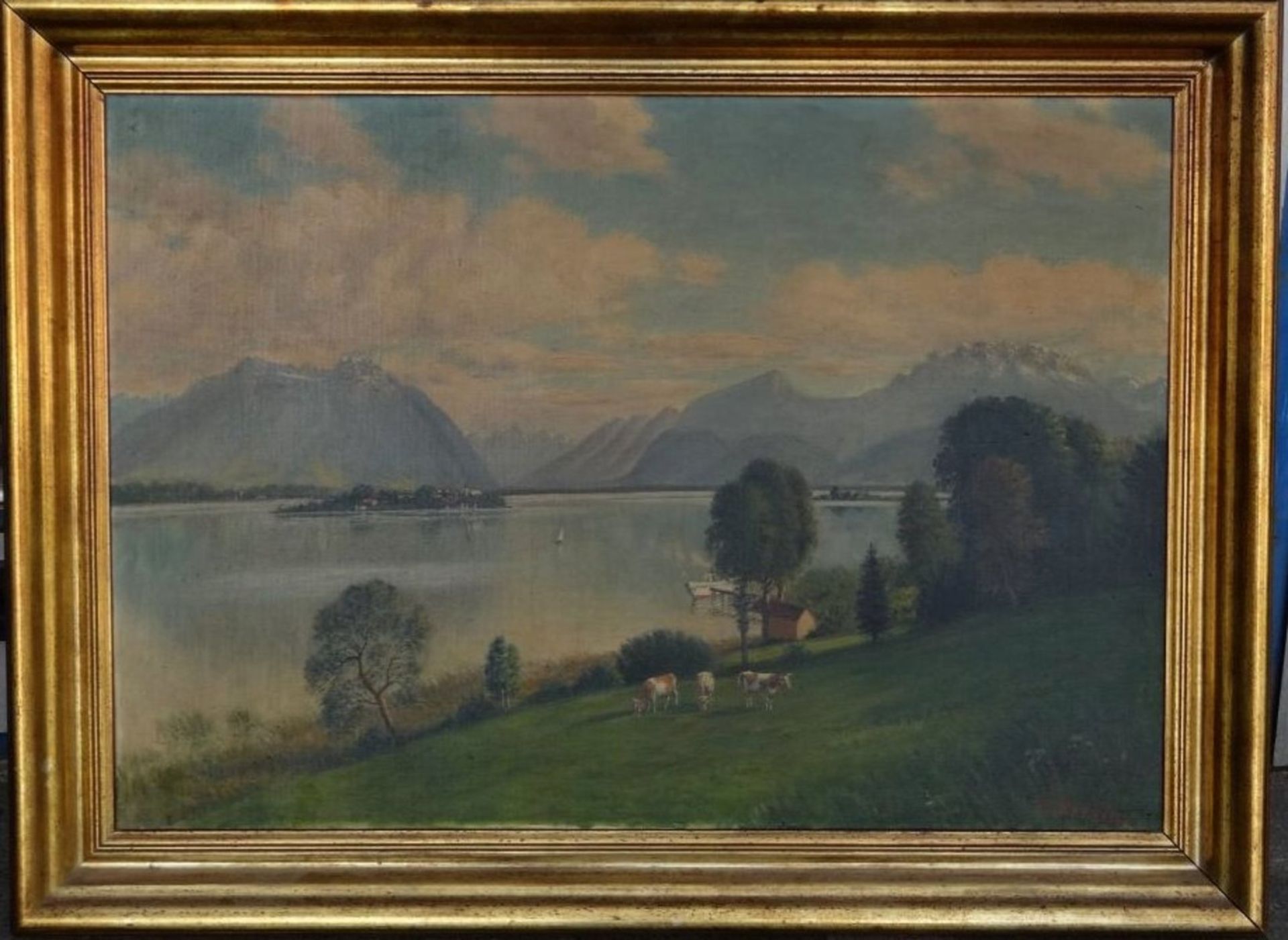 Wilhelm HERSING (1862-? "Blick über den Chiemsee auf die Fraueninsel" Öl/Leinen, gerahmt, RG - Image 2 of 6