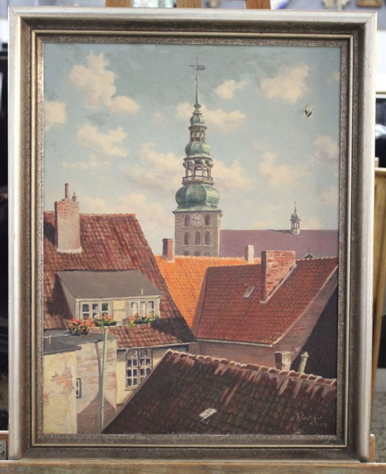 Herbert Grotegut(XX), Blick über Dächer, Öl/Leinwand, Leinwand mit Loch, restaurierungs bedürftig, - Bild 4 aus 5