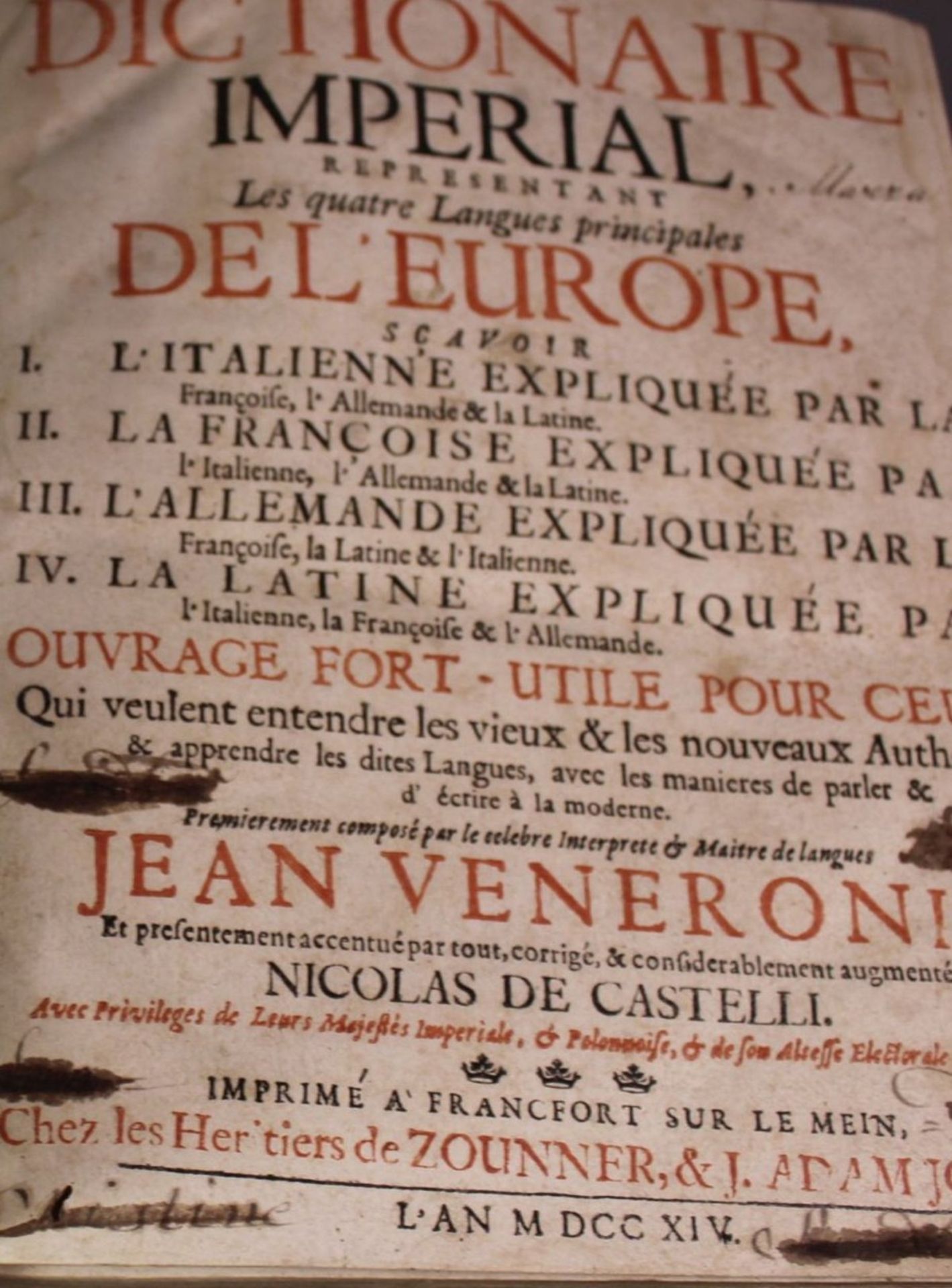 Veneroni, (G. de). Le Dictionaire Impérial representant les quatre Langues principales de l' - Image 4 of 8