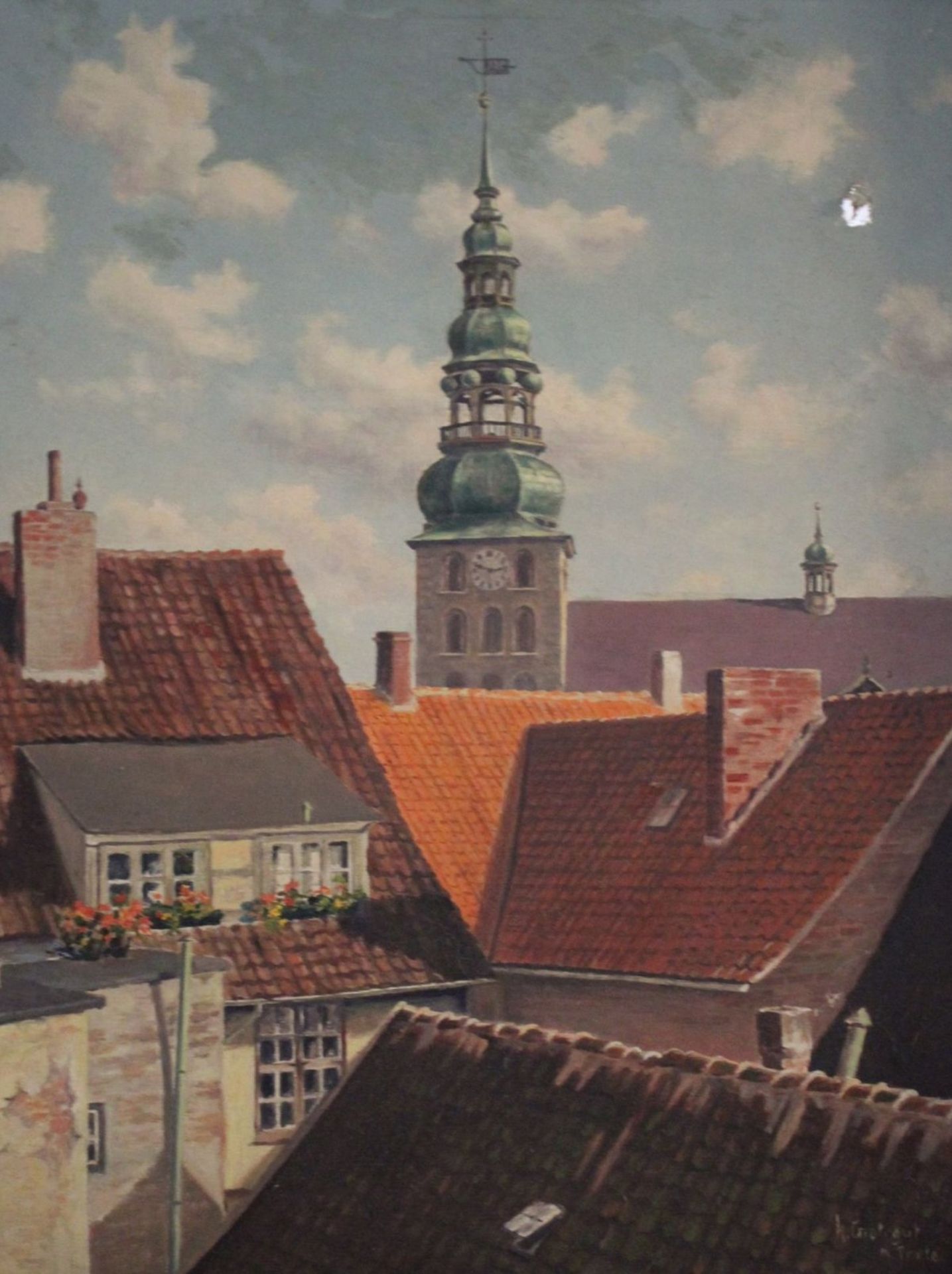 Herbert Grotegut(XX), Blick über Dächer, Öl/Leinwand, Leinwand mit Loch, restaurierungs bedürftig,