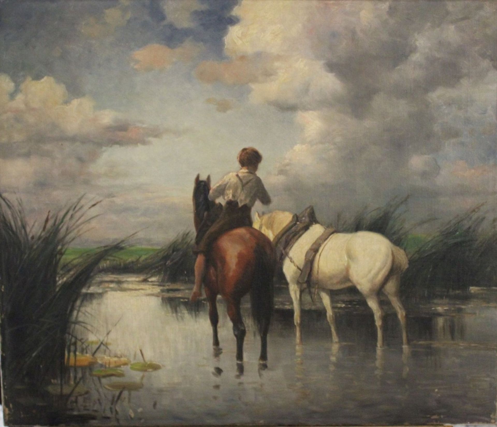 anonym, Junge mit 2 Pferden , Öl/Leinwand, ungerahmt, 60 x 70cm.