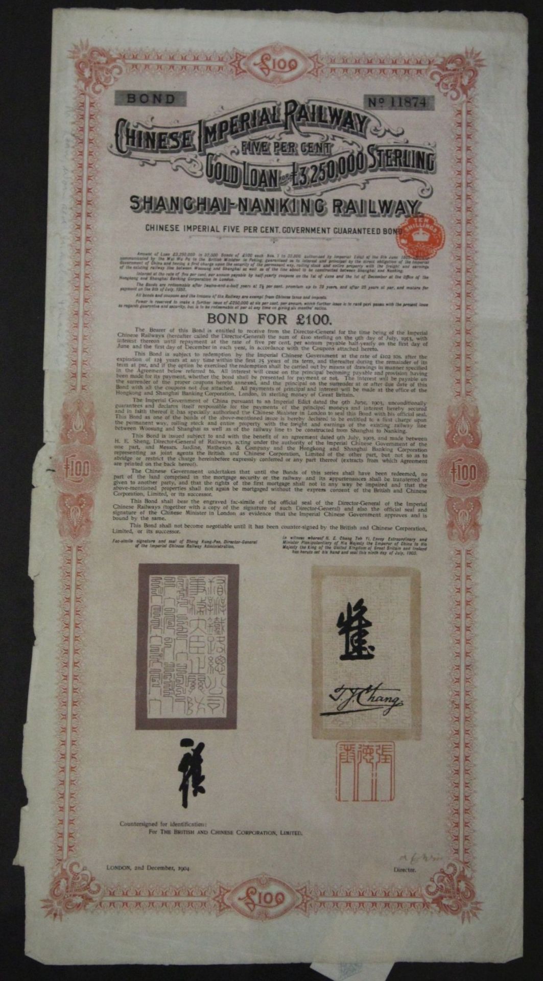 Wertpapier, Chinese Imperial Railway, Bond for 100 Pounds, 1904, Nurglasrahmen.