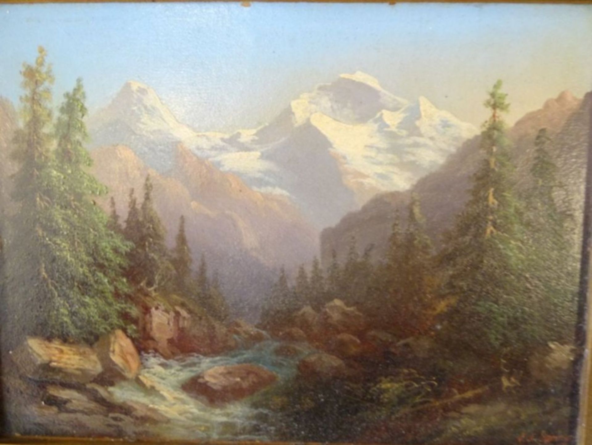 J.J. SPRING (XIX) "Alpenlandschaft" Öl/Holz, 17x23 cm, breiter, beschädigter Goldrahmen, RG 35x41