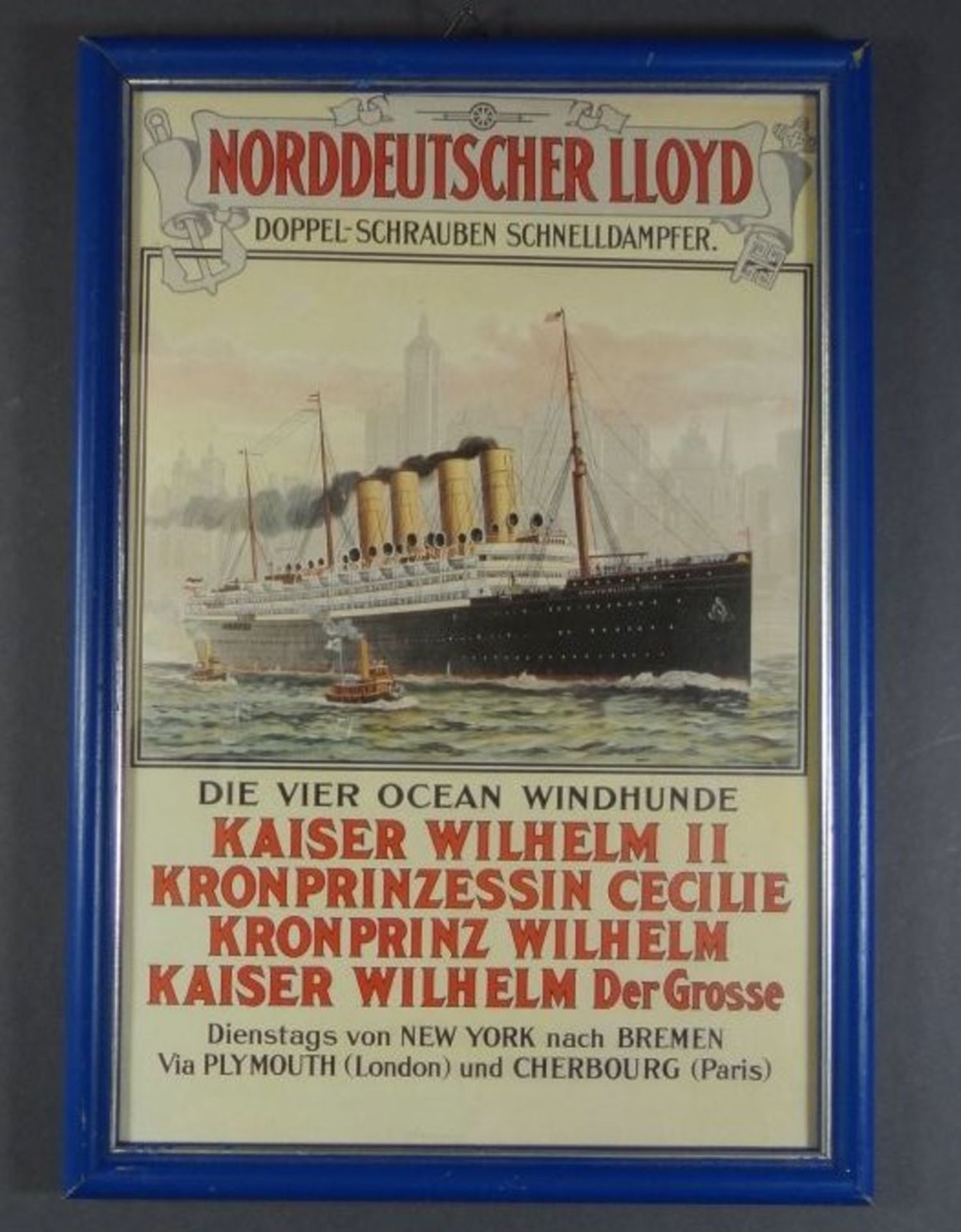 kl. Druck des Norddeutschen Lloyds, ger/Glas, verso Inventarstempel "Nordsee-Bremerhaven", 32x22 cm