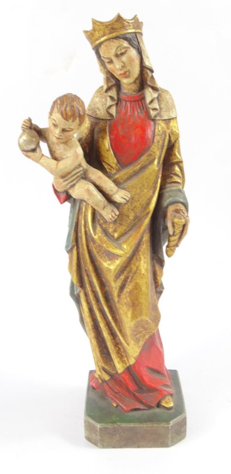 Handgeschnitze Maria mit Jesuskind, Holz, Leonard Höldrich, Oberammergau, H. 30 cm, Zepter der Maria