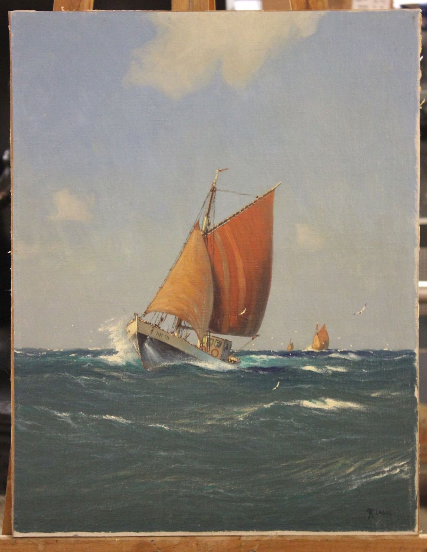Schmidt, Hans Robert (Laboe), Fischerboot auf See, Öl/Hartfaser, ungerahmt, 38,5 x 49,5cm, Hans - Image 3 of 4