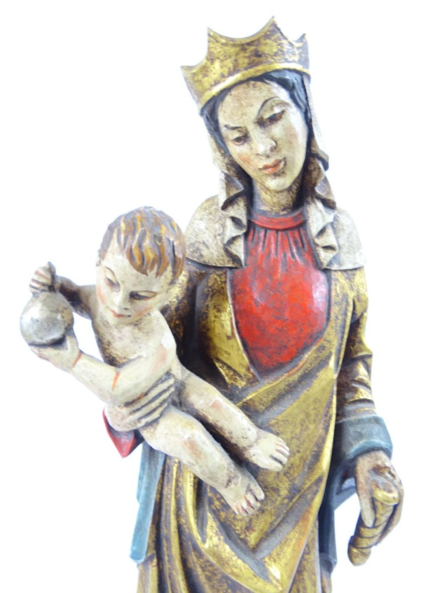Handgeschnitze Maria mit Jesuskind, Holz, Leonard Höldrich, Oberammergau, H. 30 cm, Zepter der Maria - Image 2 of 6