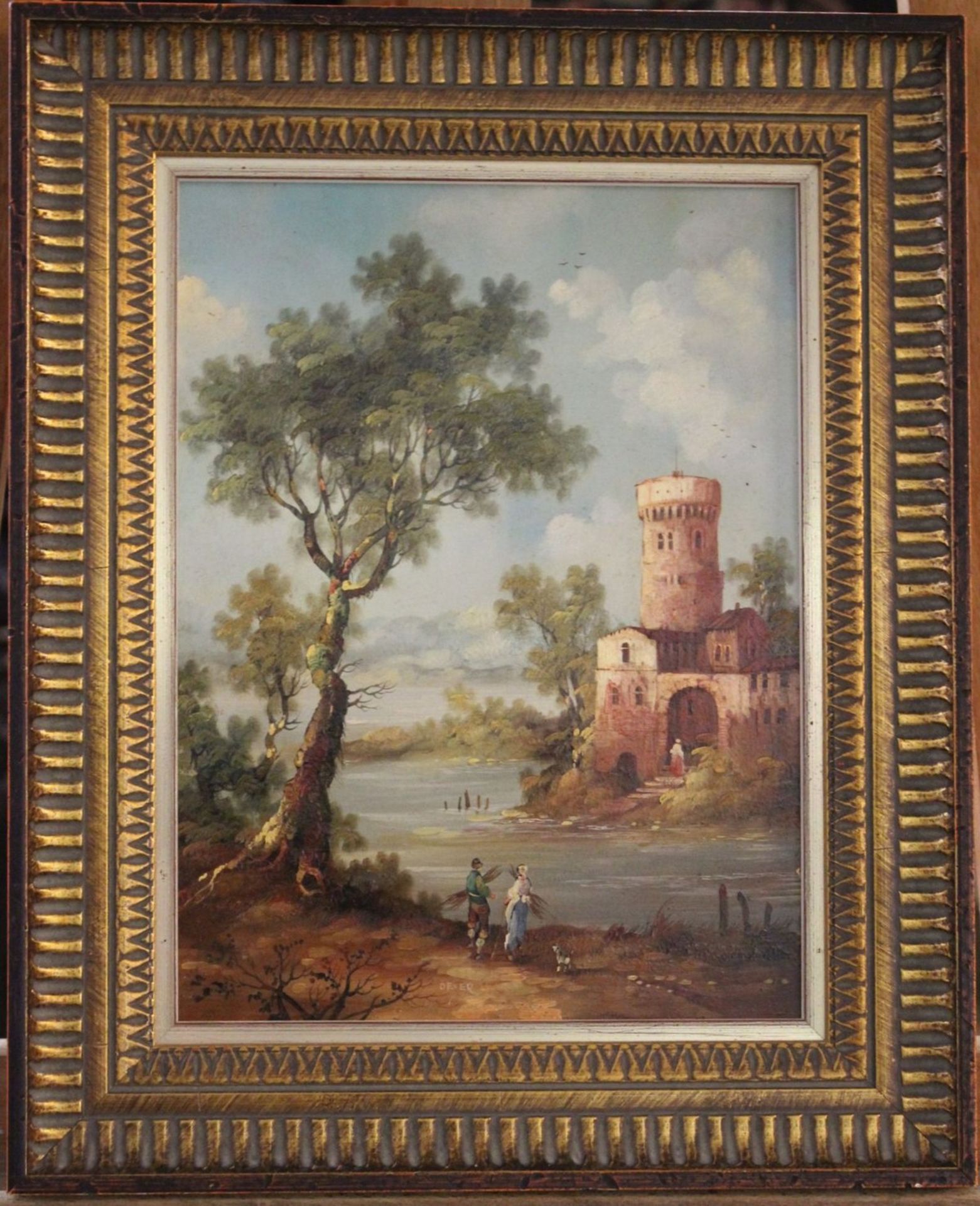 Deyer, wohl Jan DEYER (XIX-XX), Landschaft mit Personen und Burg, Öl/Kupferplatte, gerahmt, RG 32, - Image 3 of 4