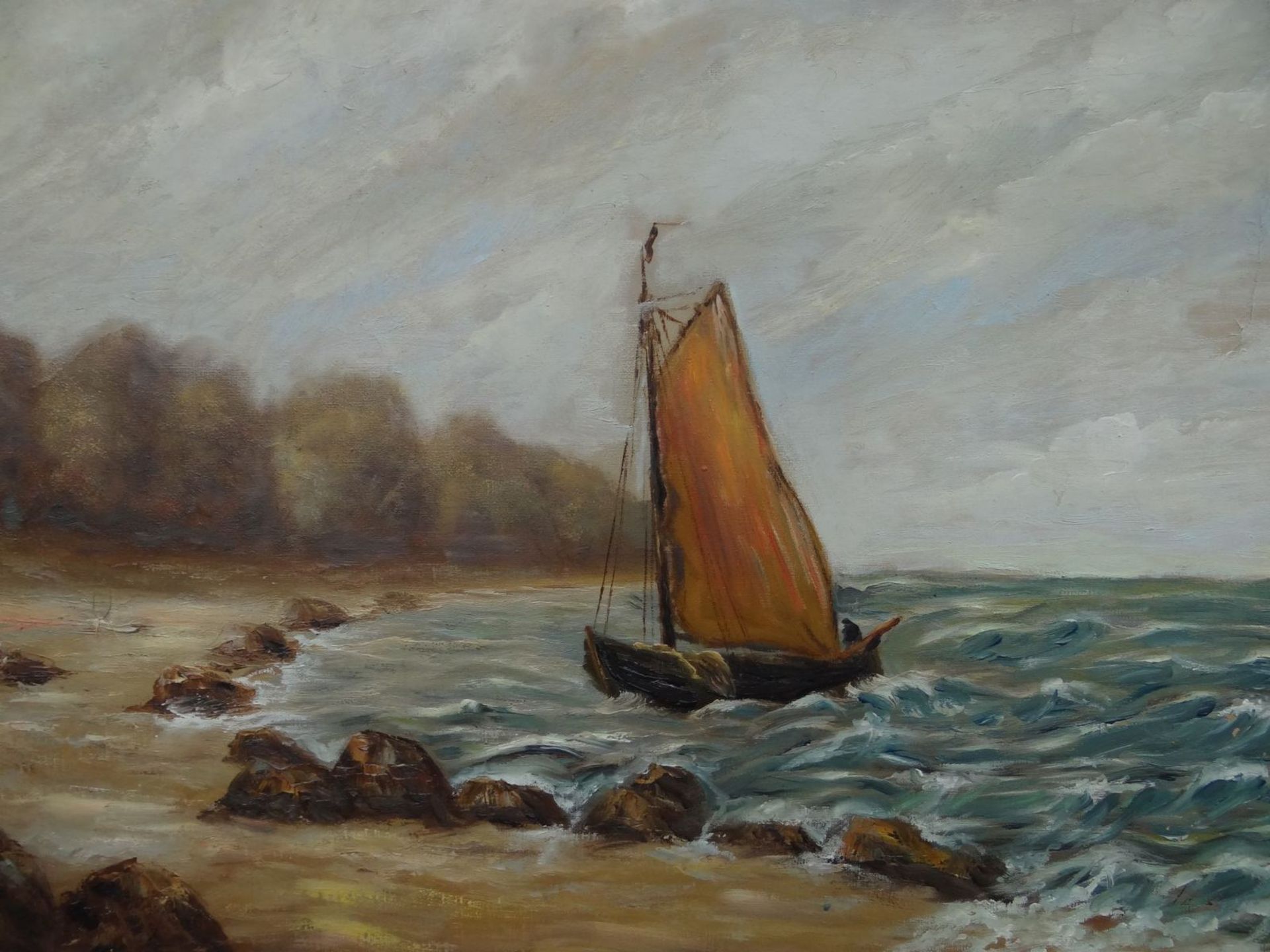 anonymes Gemälde "Segelkutter am Ufer"ÖlLeinen, alt gerahmt, RG60x80 cm - Bild 3 aus 5