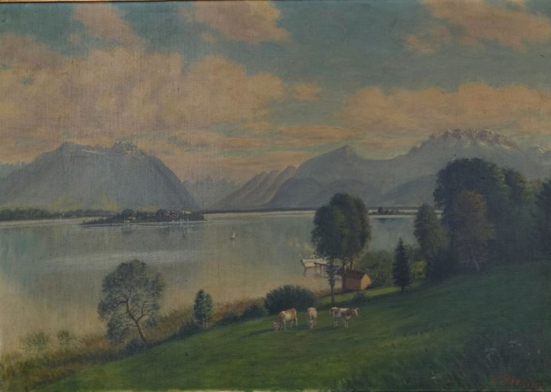Wilhelm HERSING (1862-? "Blick über den Chiemsee auf die Fraueninsel" Öl/Leinen, gerahmt, RG