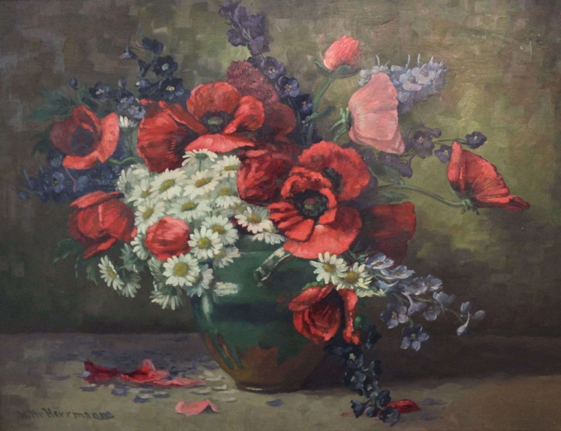 Willi HERRMANN (act.c.1930), Blumen in Vase, Öl/Hartfaser, gerahmt, RG 73 x 93cm.