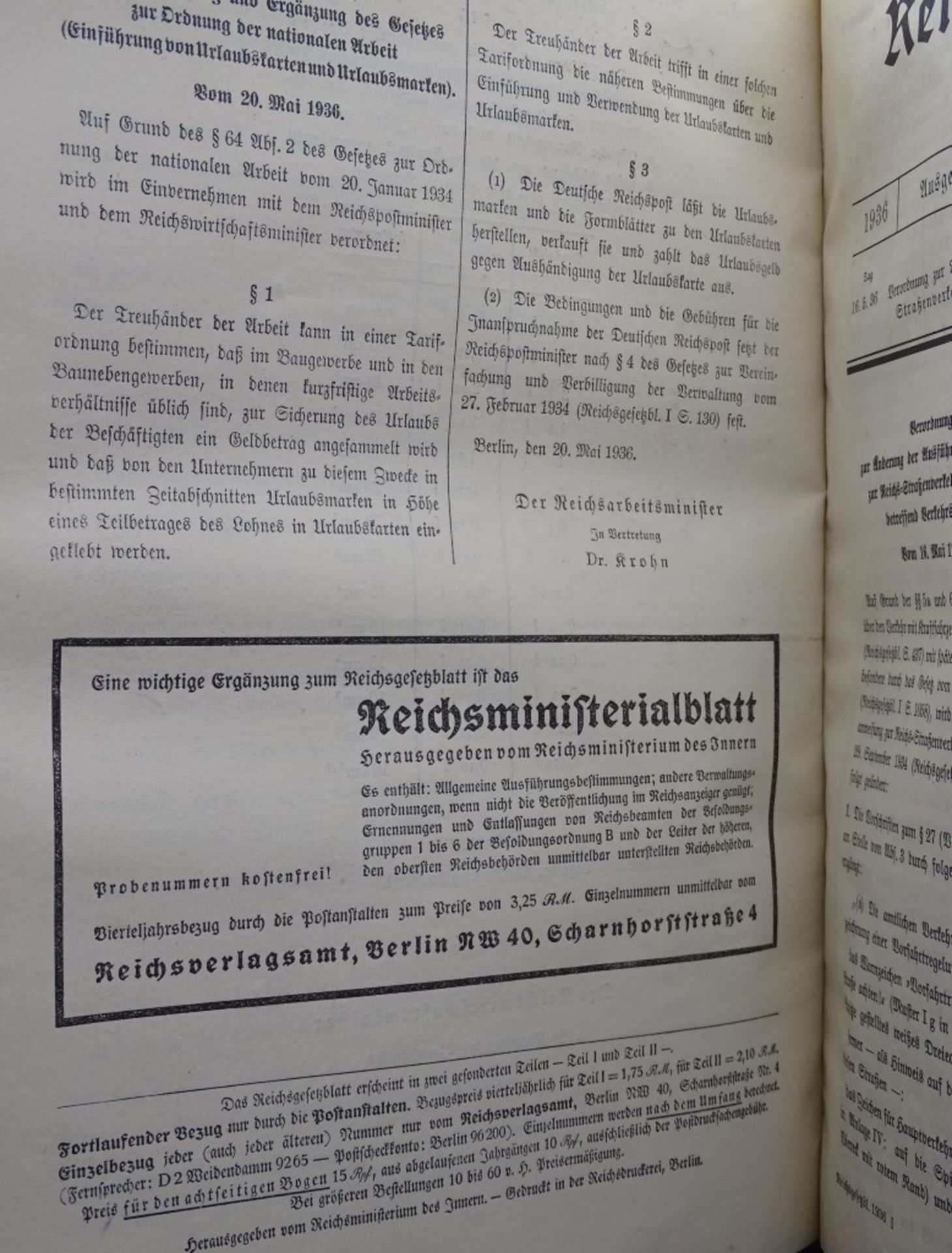 Reichsgesetzblatt Jahrgang 1936,Teil 1 ,Reichsministerium des Innern, - Image 7 of 7