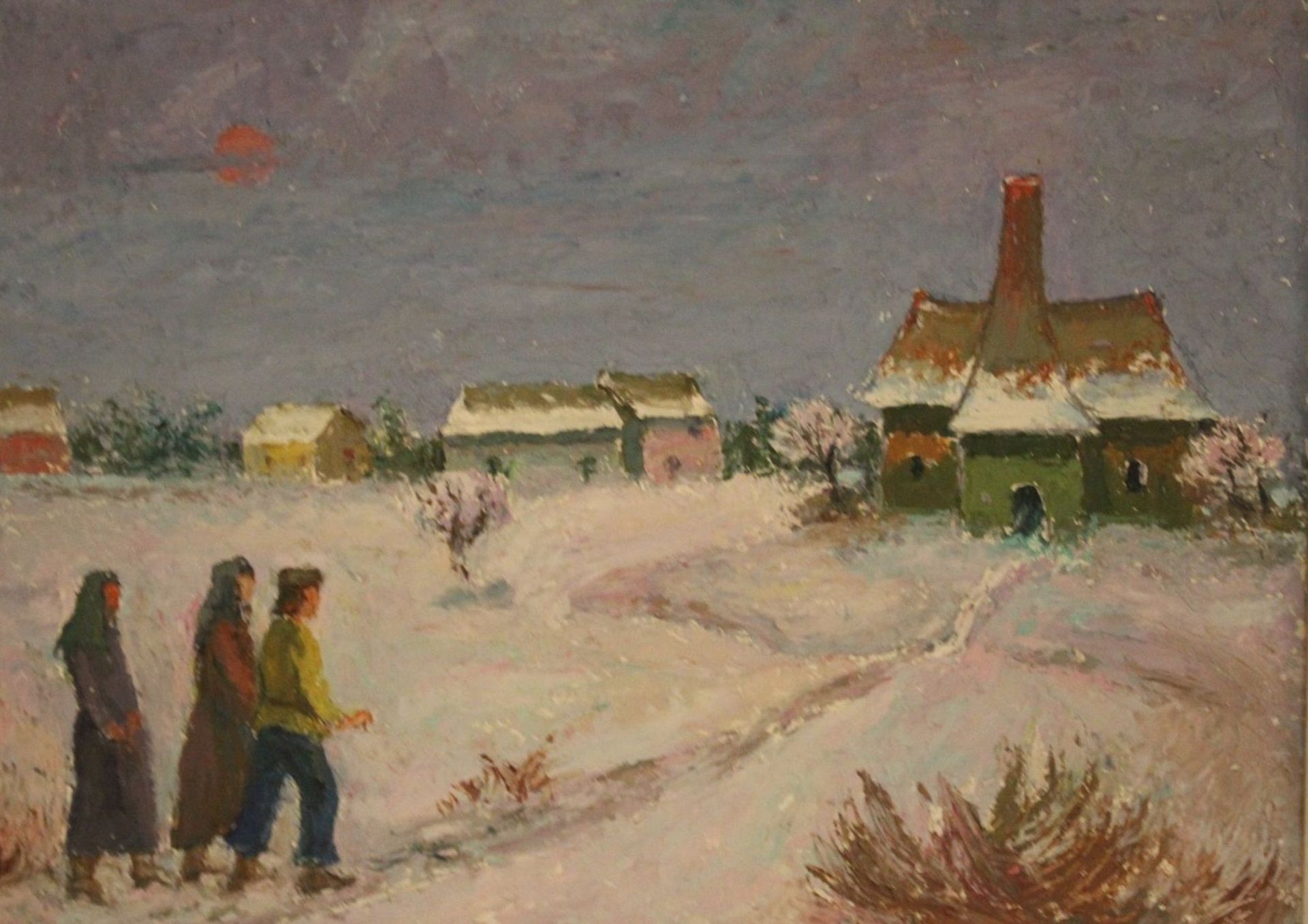 Eugen AMMANN (1882-1978), Winterlandschaft mit Personen u. Gebäuden, Öl/Hartfaser, verso signiert