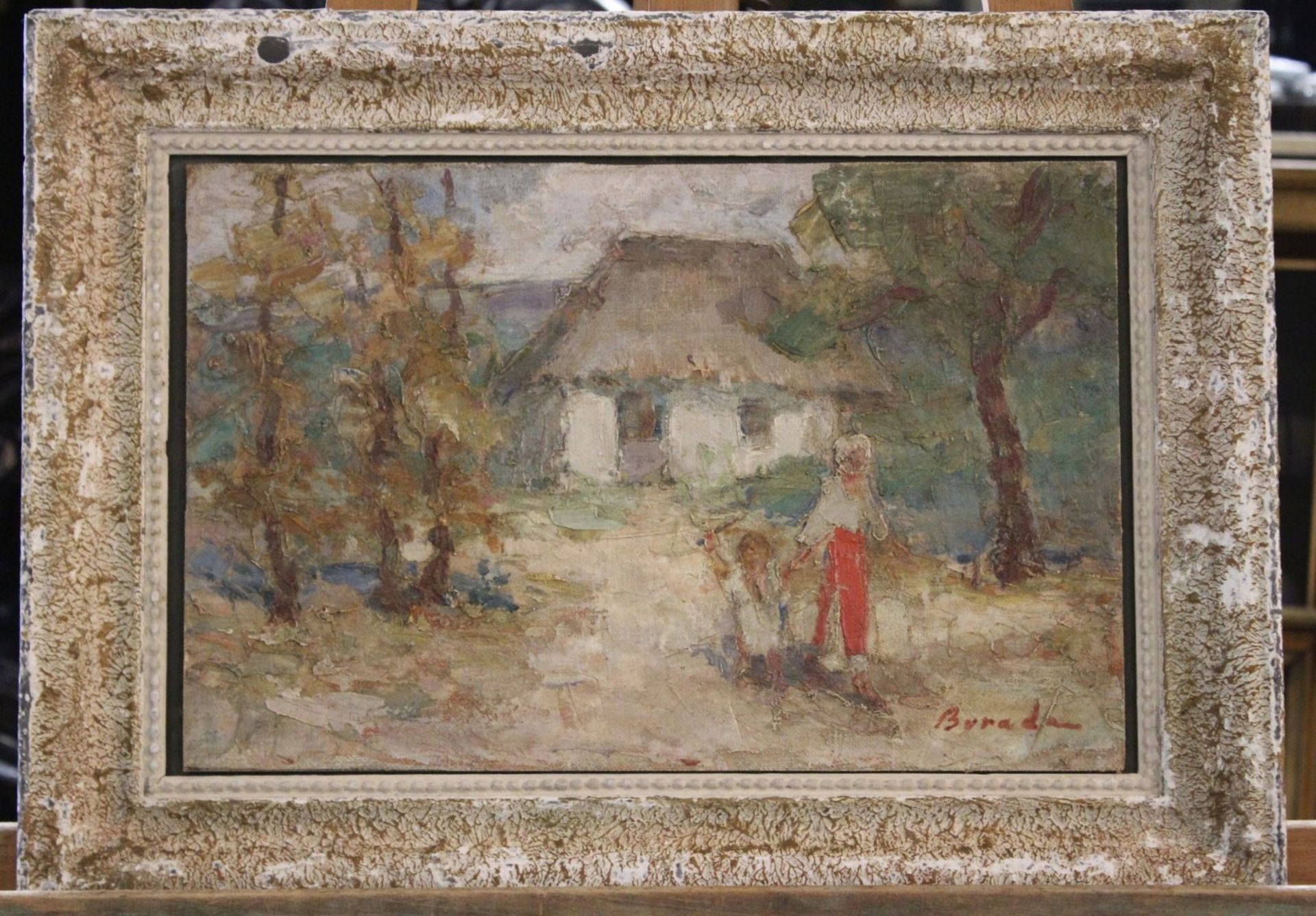 Sever BURADA (1896-1968), Personen vor Bauernhütte, Öl/Hartfaser, gerahmt, RG 36 x 49cm, Rahmen - Image 3 of 3