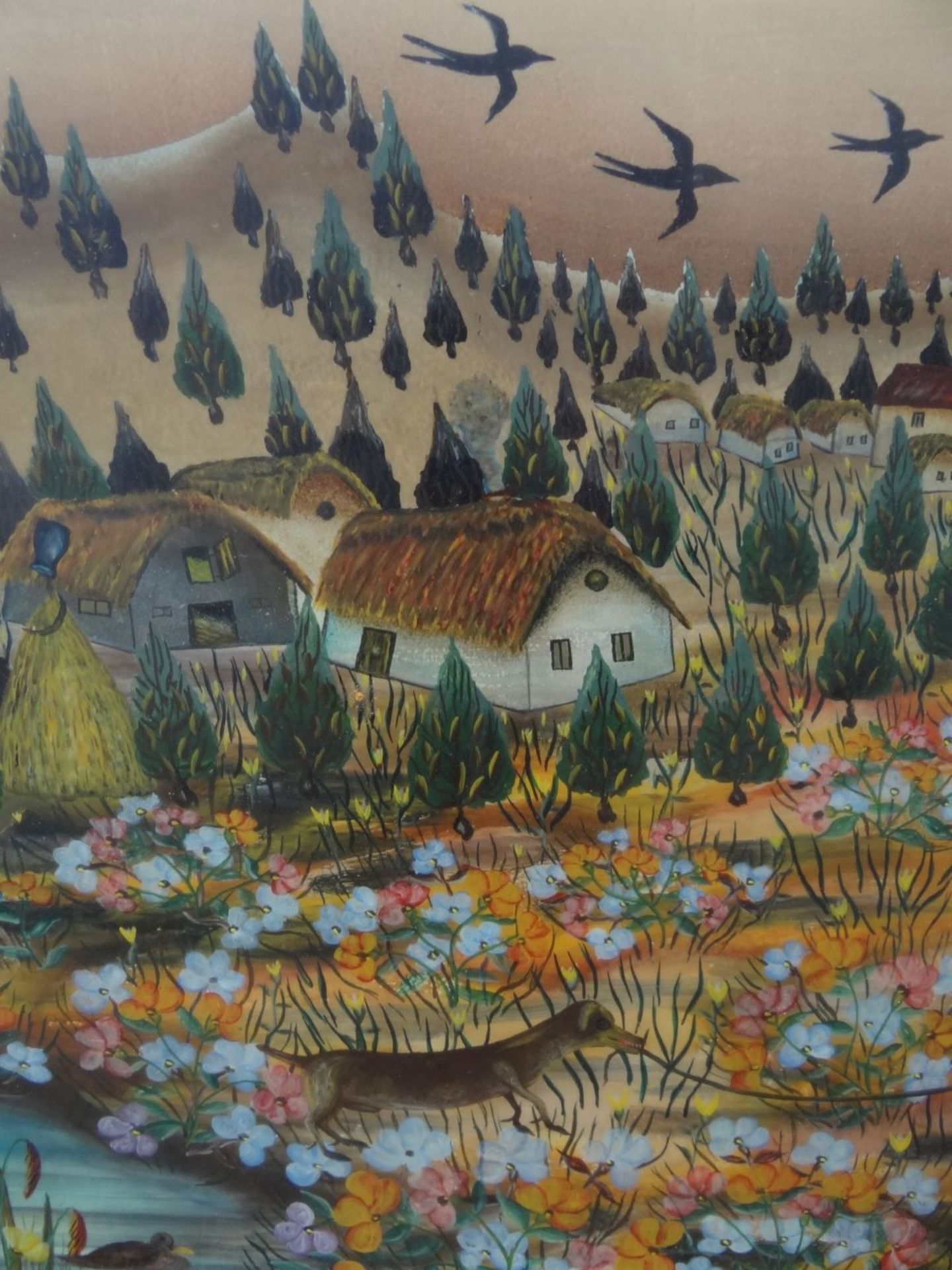 J.Mrucic "Landschaft mit Tieren" naive Hinterglasmalerei, gerahmt, RG 78x75 cm - Bild 3 aus 7