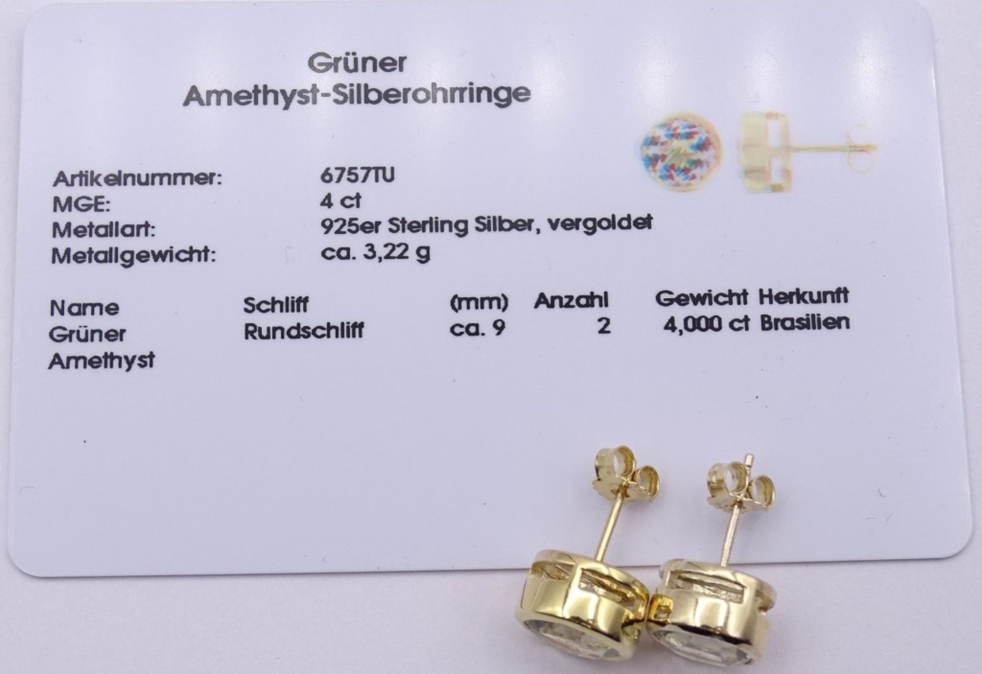 Grüne Amethyst Ohrstecker 0.925 vergoldet ,mit Brasilianischen Amethyste 4,00 ct., + Zertifikat,D-