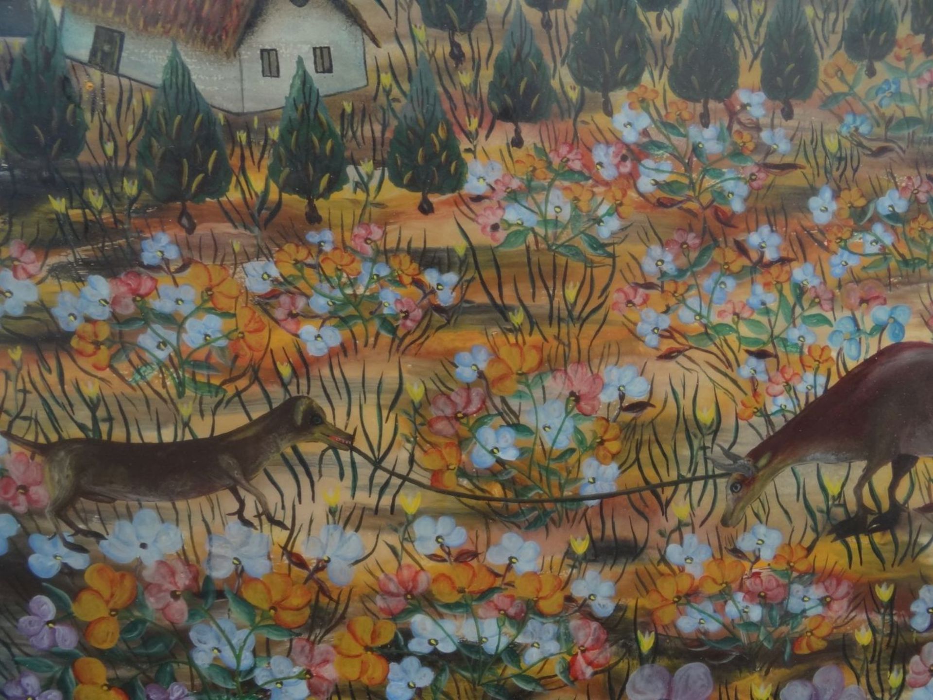 J.Mrucic "Landschaft mit Tieren" naive Hinterglasmalerei, gerahmt, RG 78x75 cm - Bild 4 aus 7
