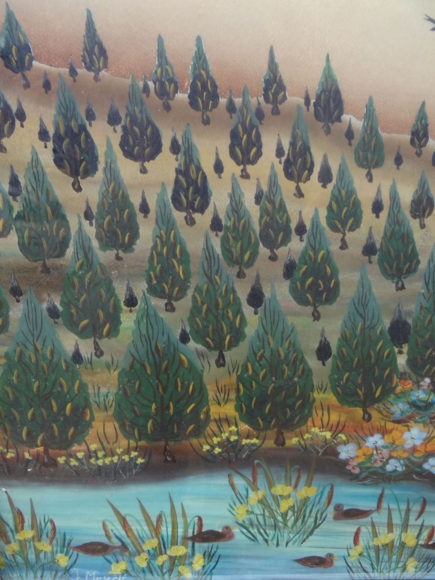 J.Mrucic "Landschaft mit Tieren" naive Hinterglasmalerei, gerahmt, RG 78x75 cm - Bild 2 aus 7
