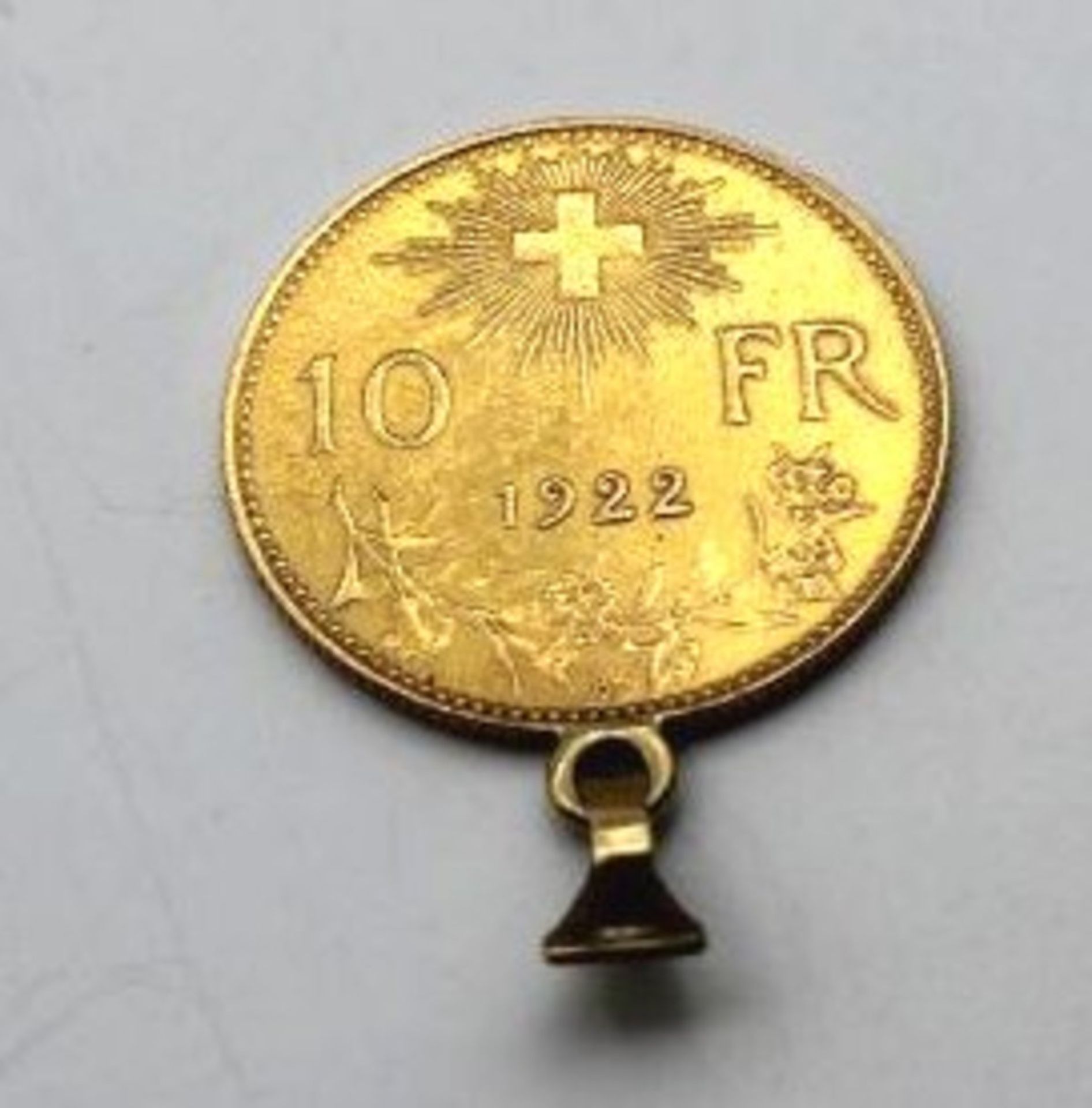 Münzanhänger, 10 Franken 1922, 900er-Gold, gehenkelt, D-1,9 cm, 3,4 gr. - Bild 2 aus 2