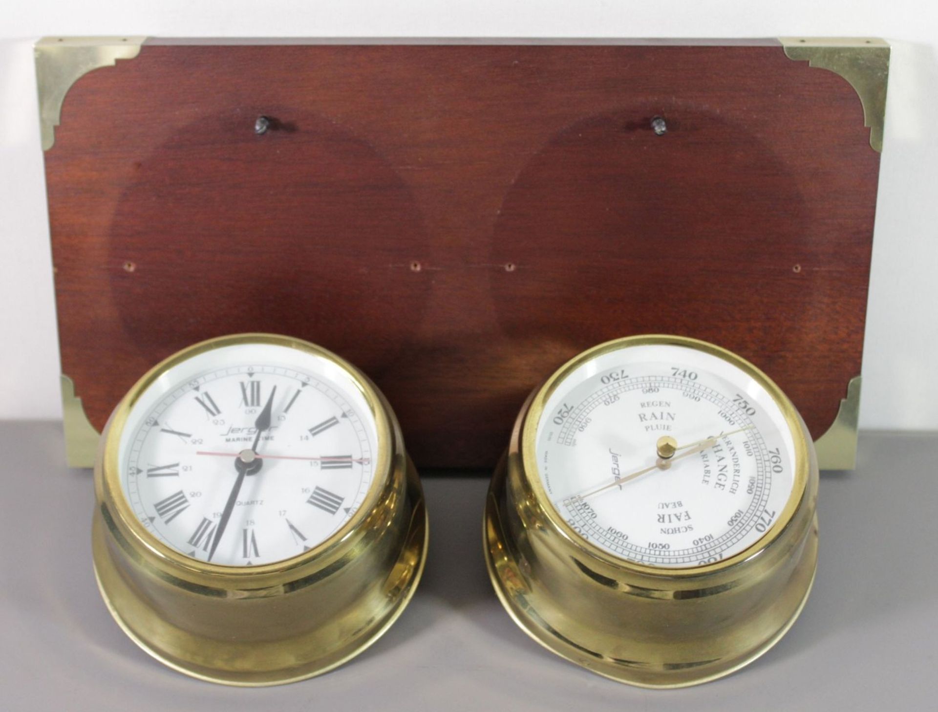 Wanduhr und Barometer, Jerger, maritimer Stil, Uhr mit Batteriewerk, auf Holz, 17 x 32cm.  - Bild 3 aus 4