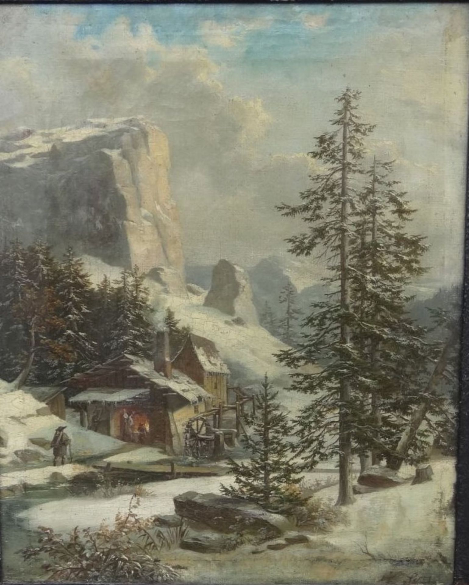 Frantisek SKALA (1817-?)  "Schmiede mit Wasserrad in Winter-Berglandschschaft" um 1850, Öl/Leinen, a