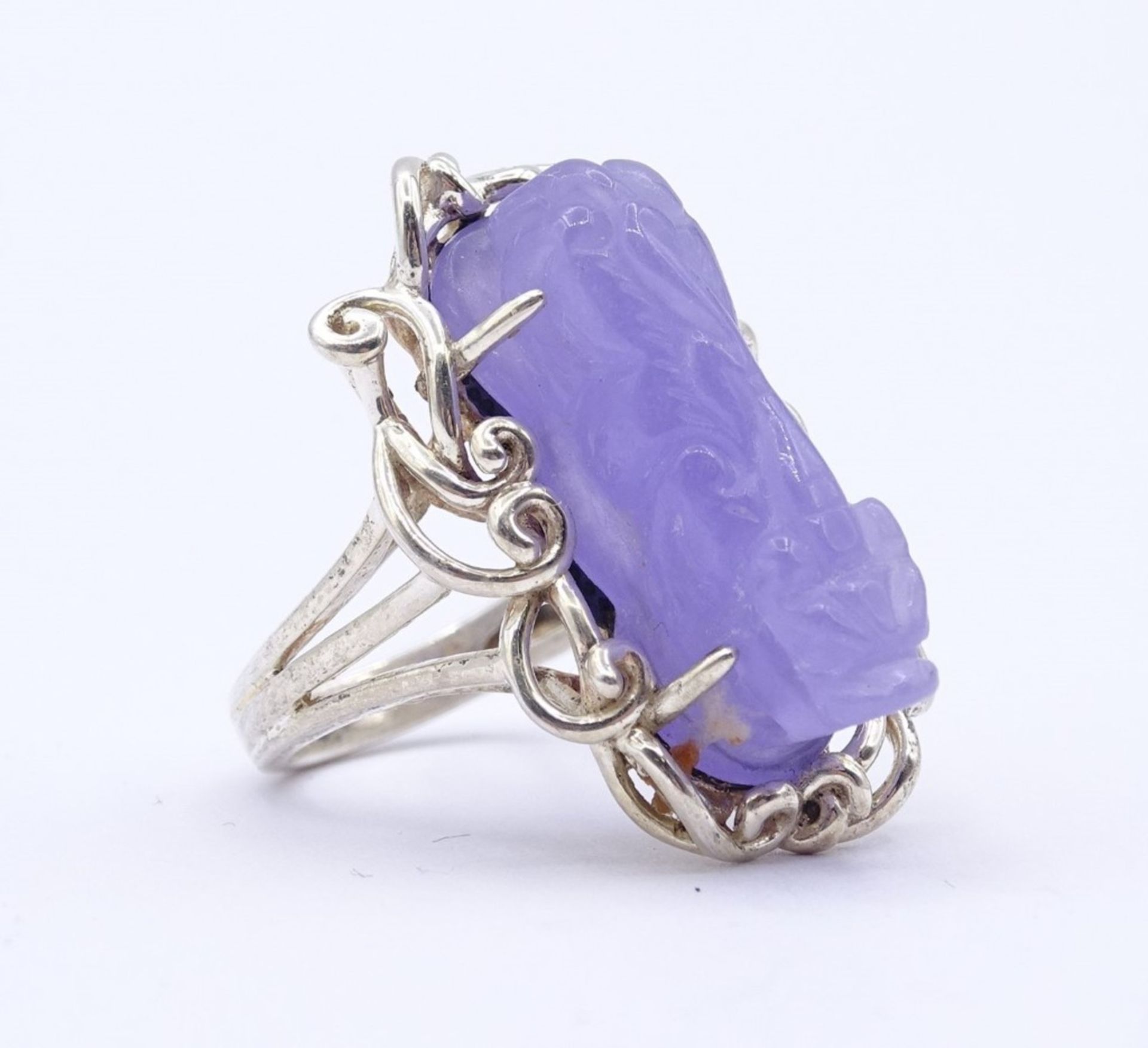 Silber Ring mit Lavendel Jade in Form eines liegenden Fu Hundes,Sterling Silber 0.925, 12,7 g., RG 5