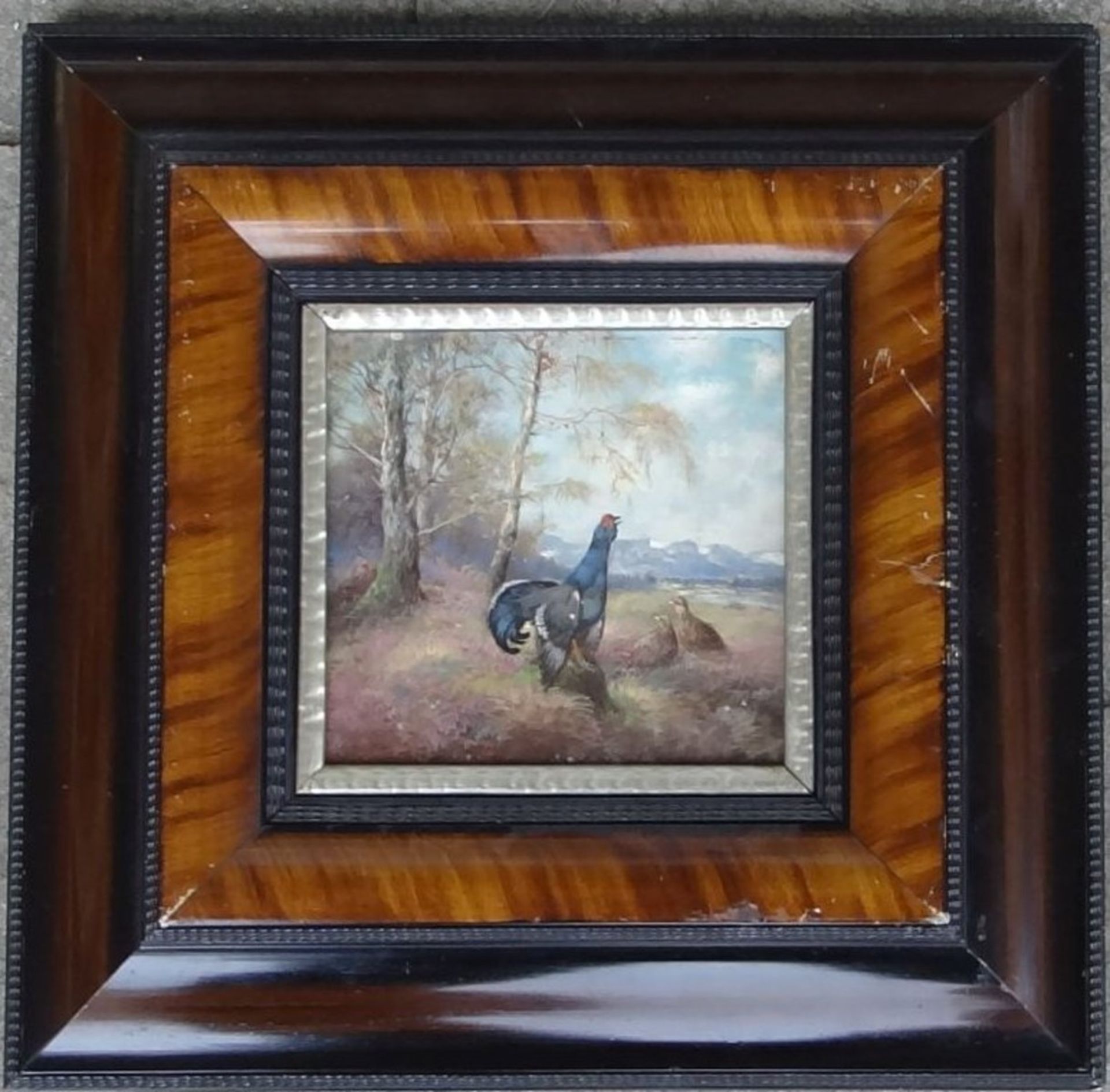 Max I HÄNGER (1874-1941) "balzender Auerhahn mit Hennen", Öl/Holz, 14x13,5 cm, ger/Glas, RG 31x31 cm - Bild 2 aus 7