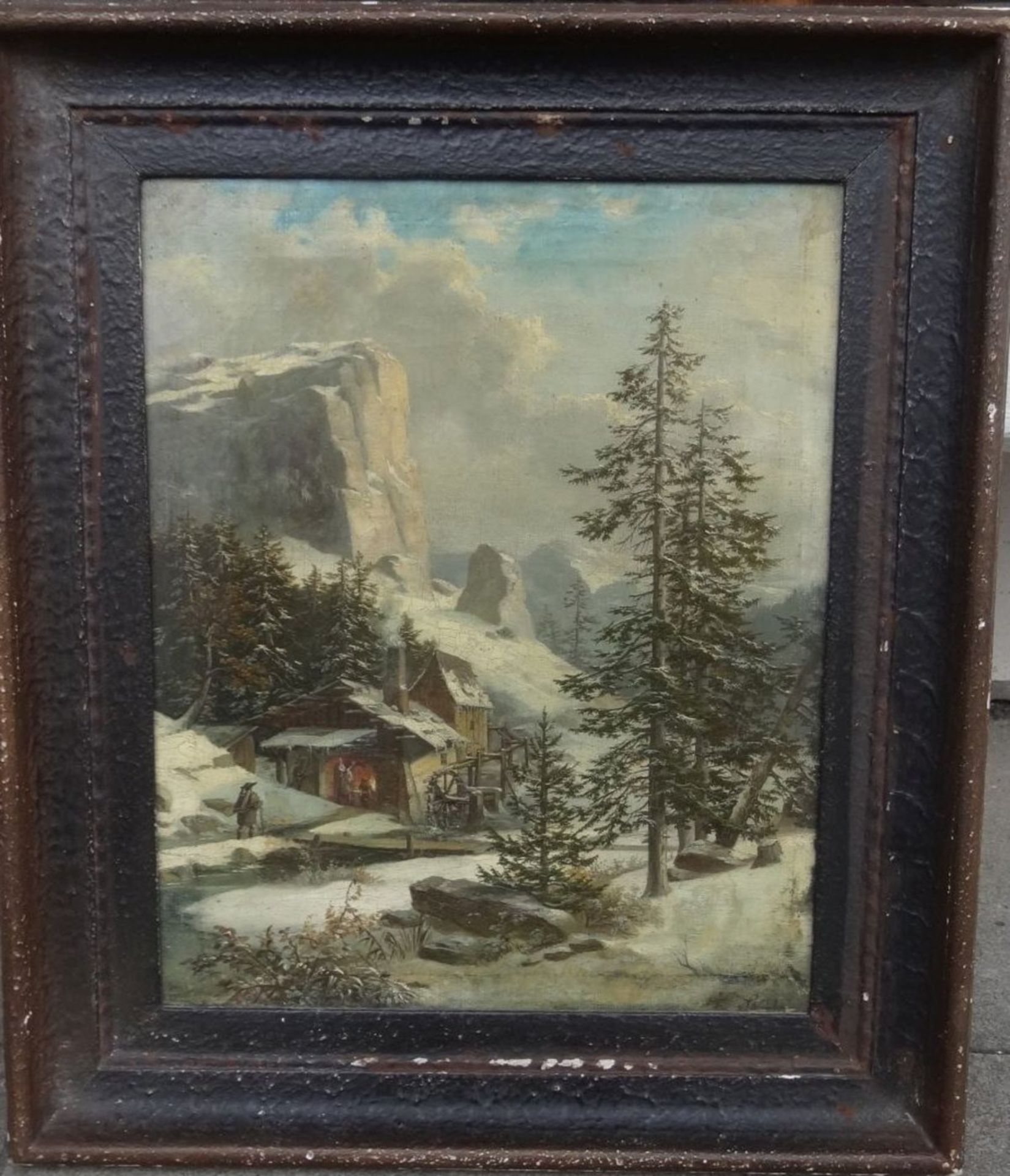 Frantisek SKALA (1817-?)  "Schmiede mit Wasserrad in Winter-Berglandschschaft" um 1850, Öl/Leinen, a - Bild 2 aus 8