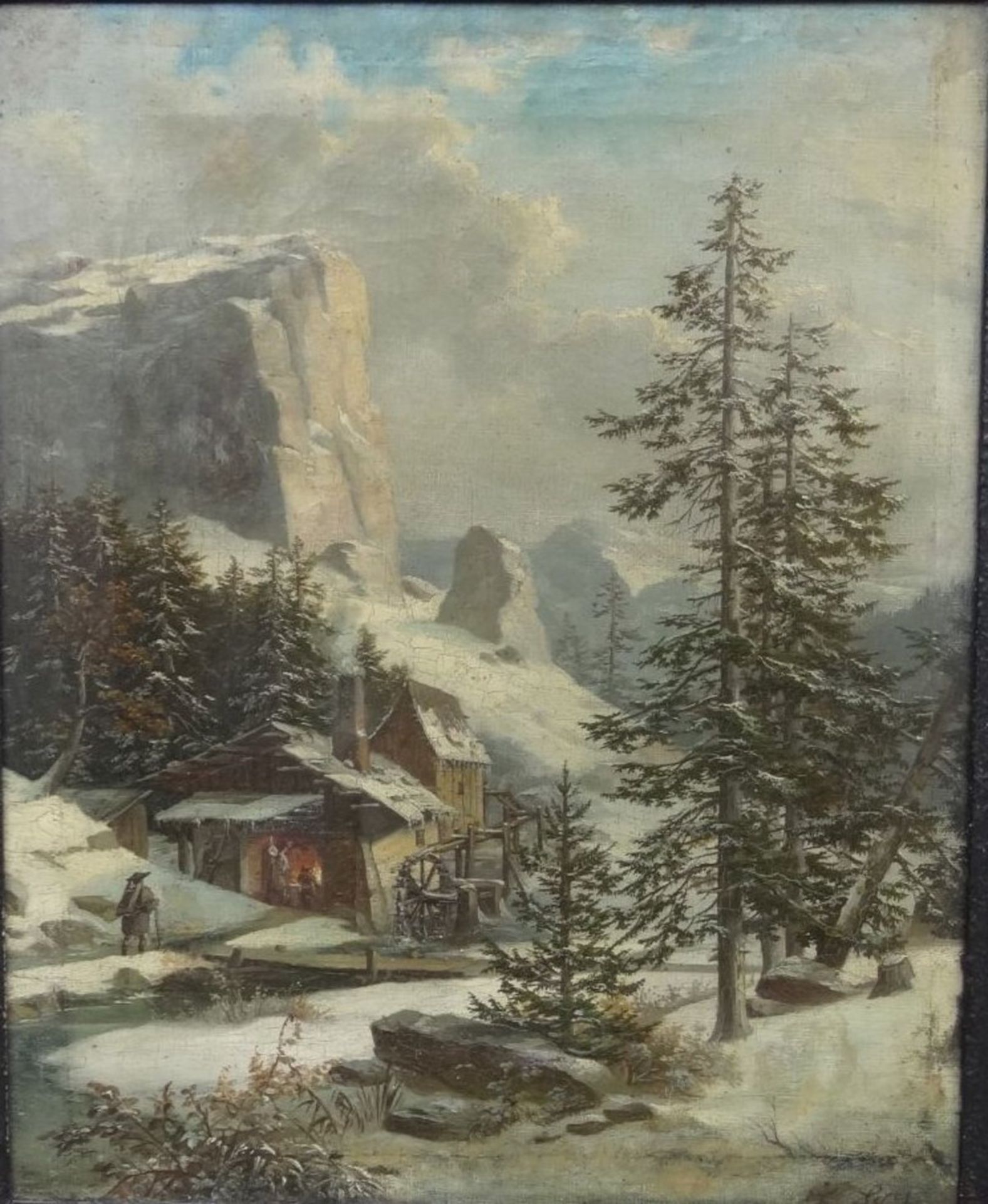 Frantisek SKALA (1817-?)  "Schmiede mit Wasserrad in Winter-Berglandschschaft" um 1850, Öl/Leinen, a - Bild 3 aus 8