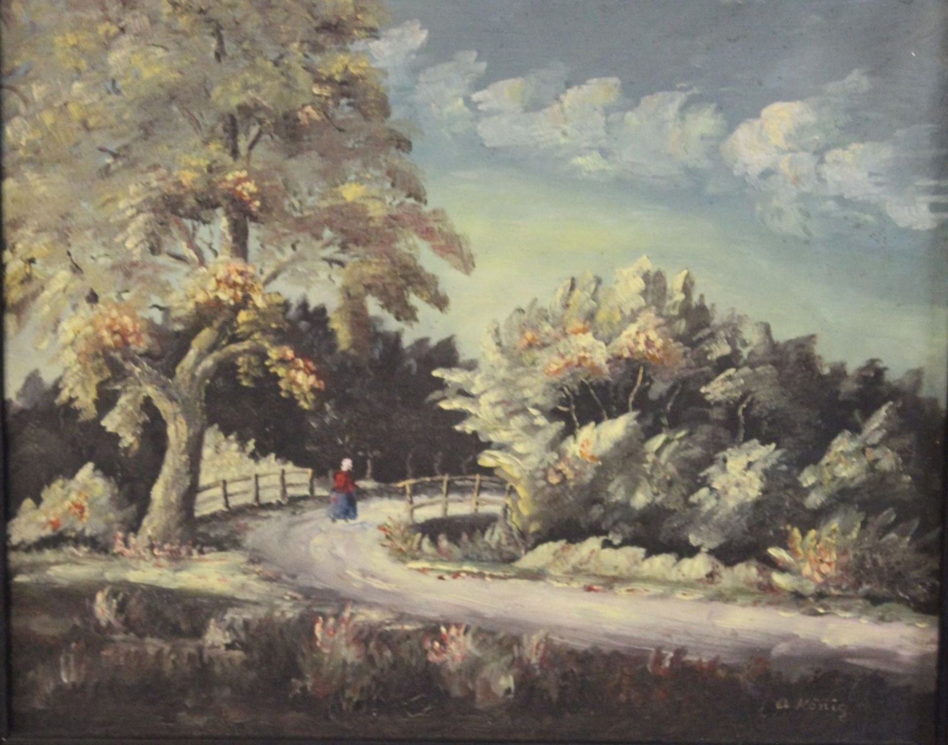 A.König, Landschaft mit Person, Öl/Hartfaser, gerahmt, Rahmen beschädigt, RG 61 x 71,5cm. 