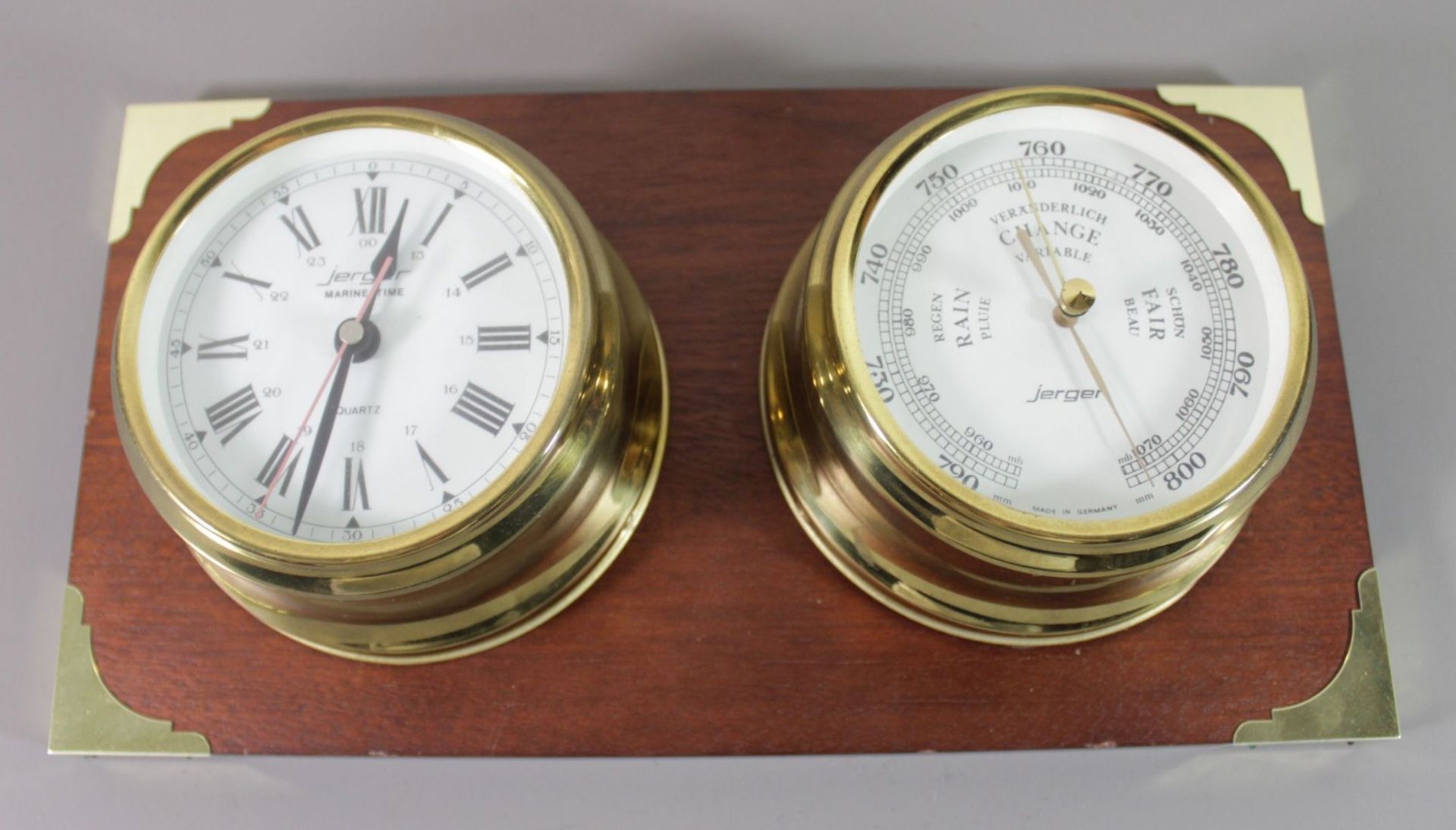 Wanduhr und Barometer, Jerger, maritimer Stil, Uhr mit Batteriewerk, auf Holz, 17 x 32cm. 