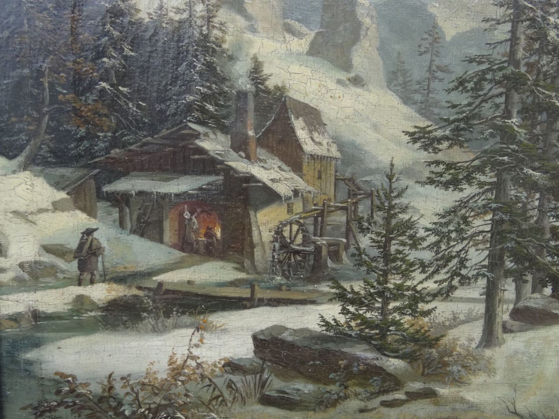 Frantisek SKALA (1817-?)  "Schmiede mit Wasserrad in Winter-Berglandschschaft" um 1850, Öl/Leinen, a - Bild 6 aus 8