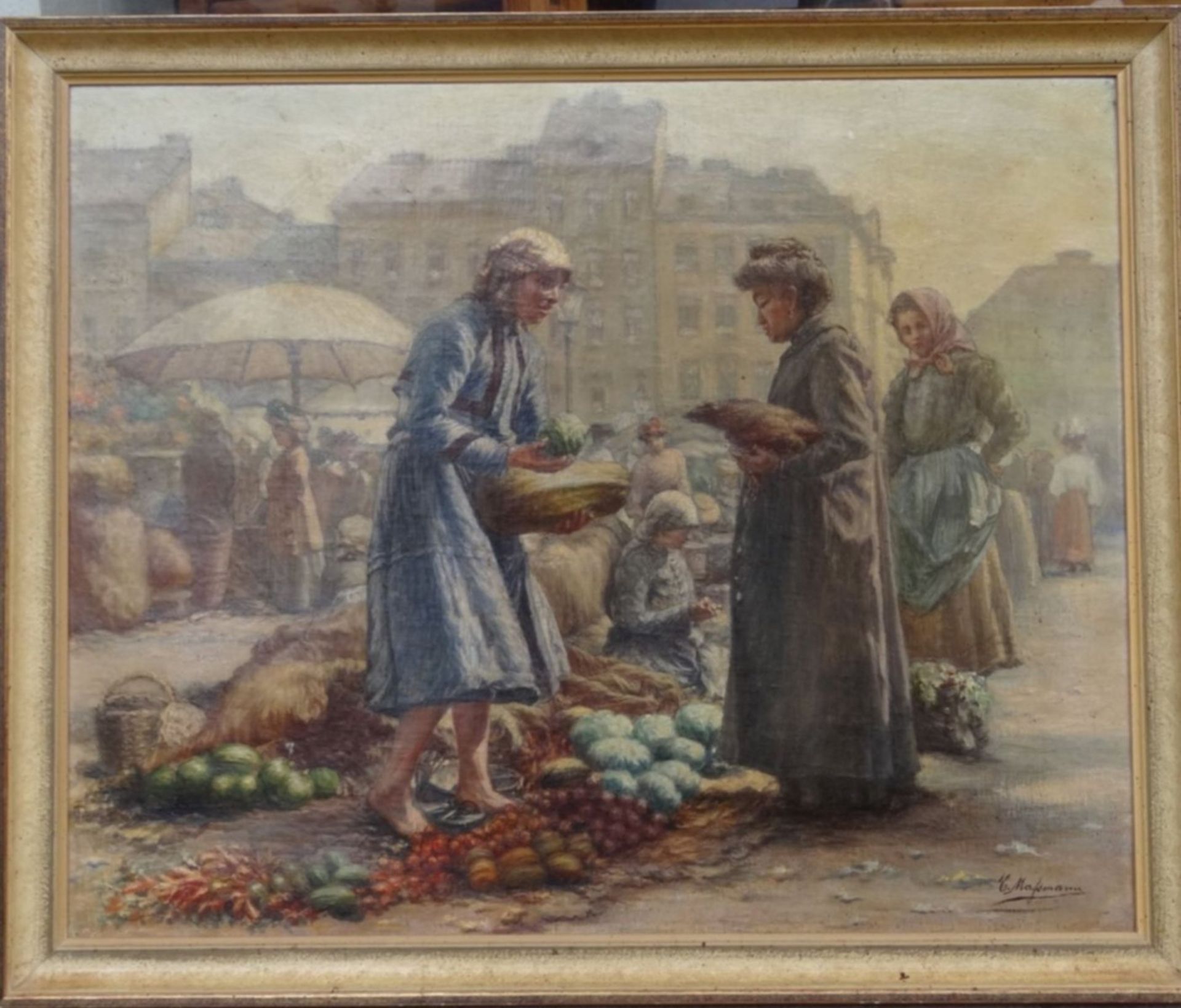 Carl MASSMANN (1859-1929) "Marktszene in Wien", Öl/Leinen, gerahmt, RG 58x69 cm - Bild 2 aus 5