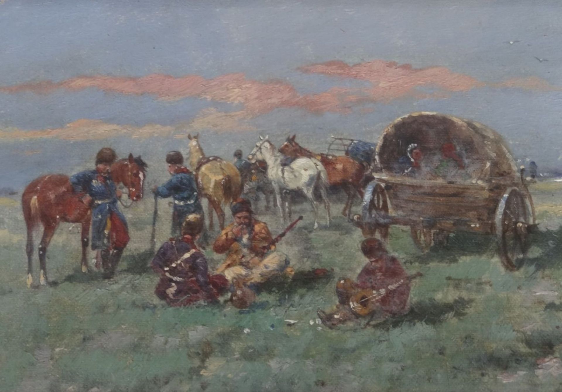 Ferdinand MAY (c.1879-1962) "lagernde russische Soldaten", Öl/Leinen, 18x30 cm, gut gerahmt, RG 38x5 - Bild 4 aus 6