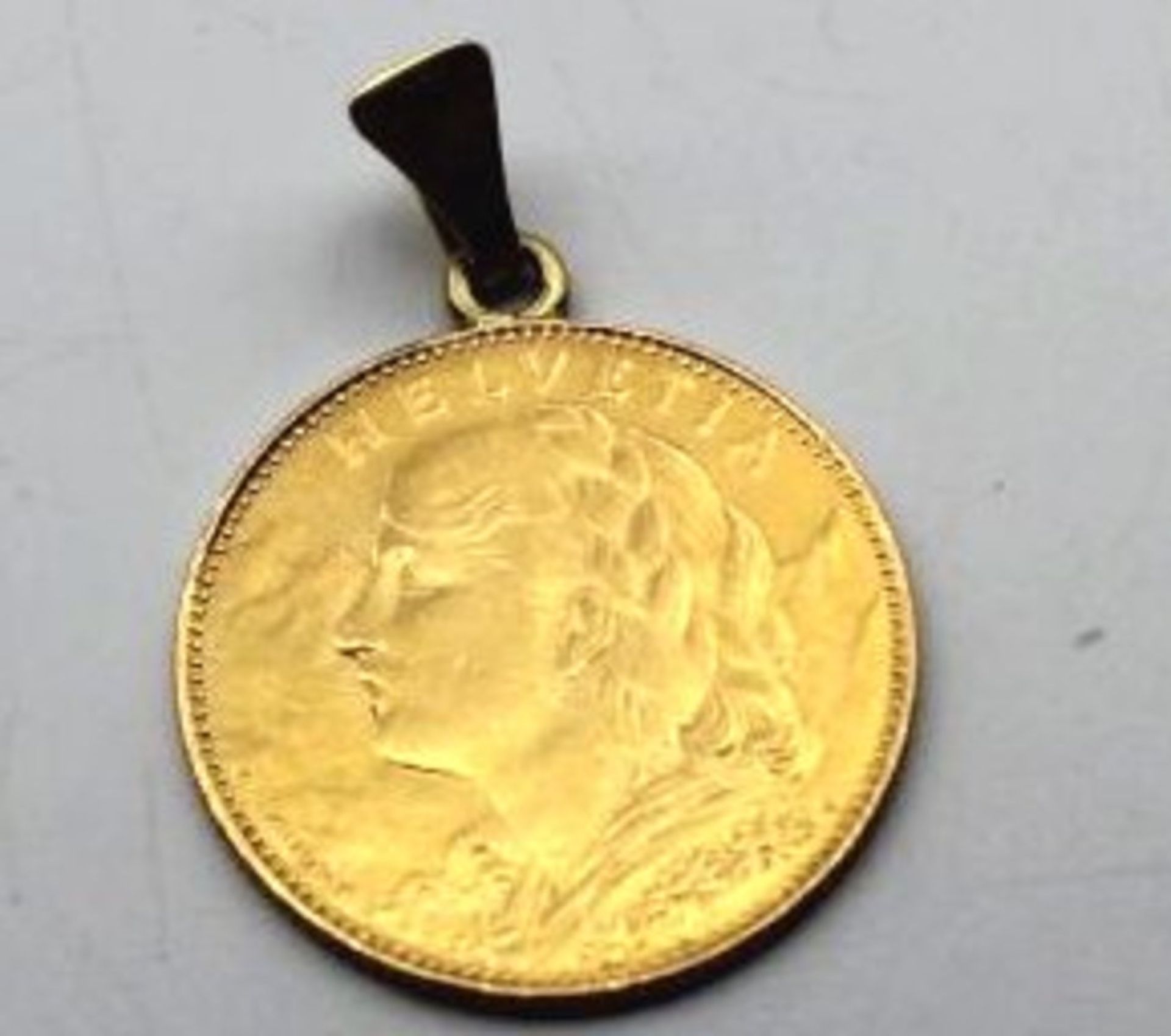 Münzanhänger, 10 Franken 1922, 900er-Gold, gehenkelt, D-1,9 cm, 3,4 gr.