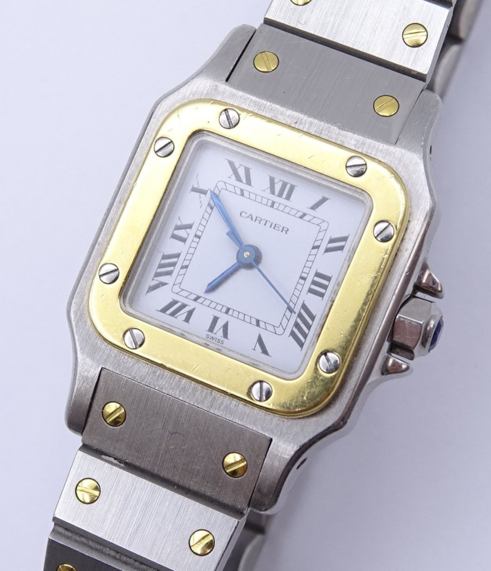 " CARTIER " Damen Armbanduhr Mod.Santos, Stahl/Gold, Automatikwerk,Werk läuft, anbei Schachtel - Image 3 of 9