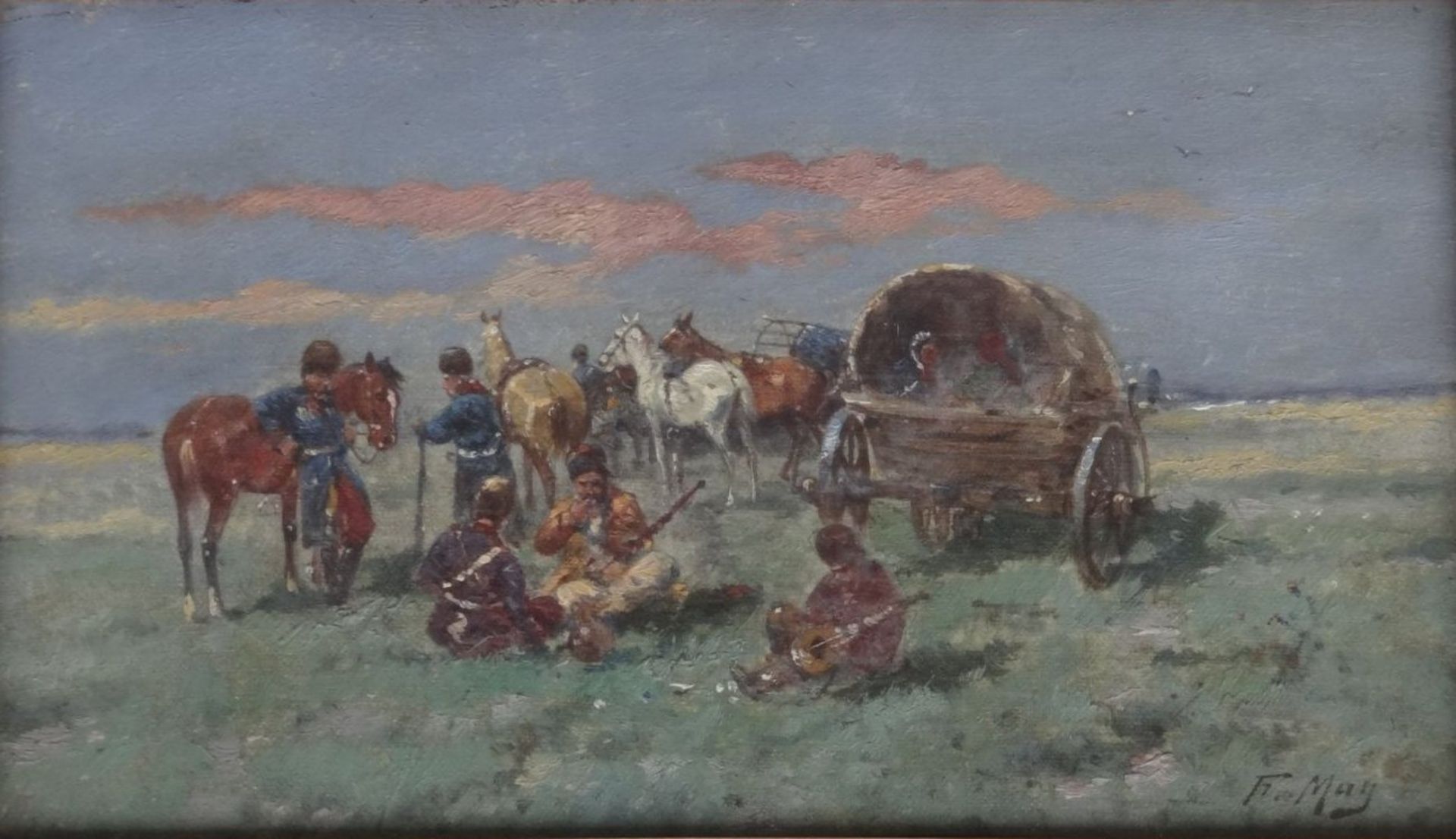 Ferdinand MAY (c.1879-1962) "lagernde russische Soldaten", Öl/Leinen, 18x30 cm, gut gerahmt, RG 38x5