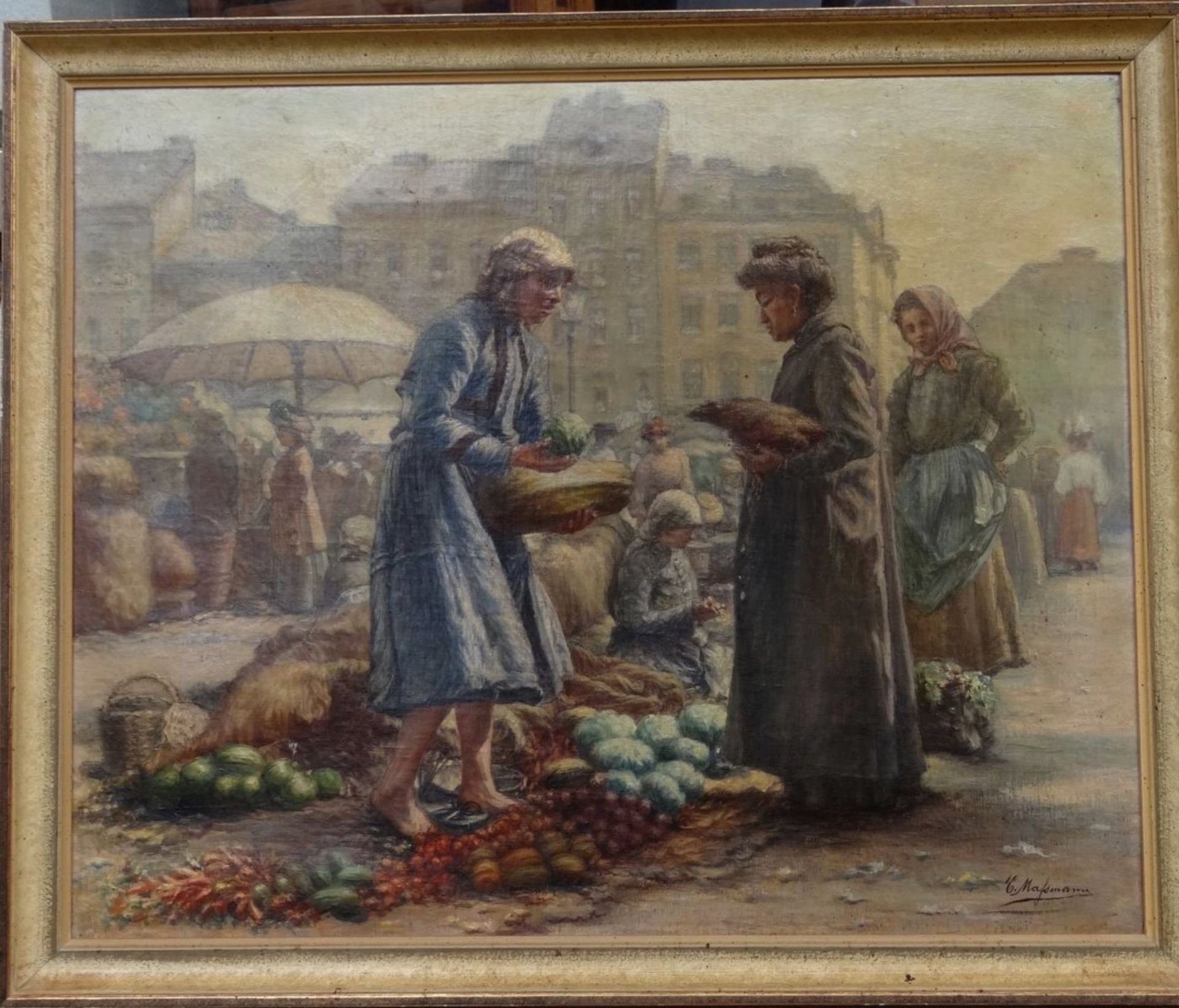 Carl MASSMANN (1859-1929) "Marktszene in Wien", Öl/Leinen, gerahmt, RG 58x69 cm - Bild 3 aus 5