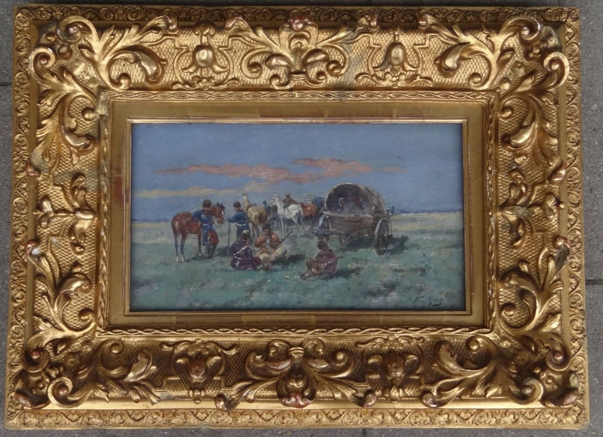 Ferdinand MAY (c.1879-1962) "lagernde russische Soldaten", Öl/Leinen, 18x30 cm, gut gerahmt, RG 38x5 - Bild 2 aus 6