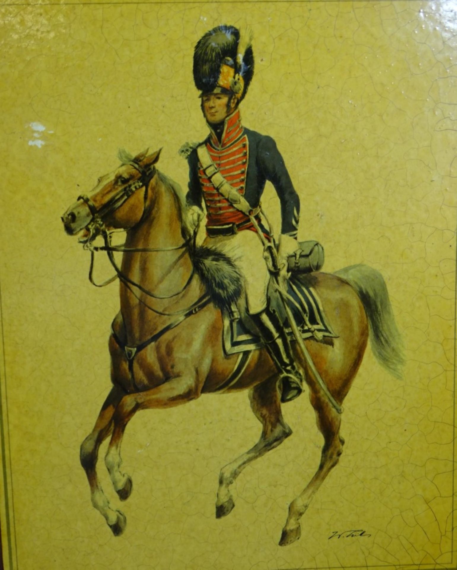 4 Bilder auf Platten, historische Kavalleristen versch. Länder, je 26,7x21,4 cm, Firniss rissig, - Image 2 of 9