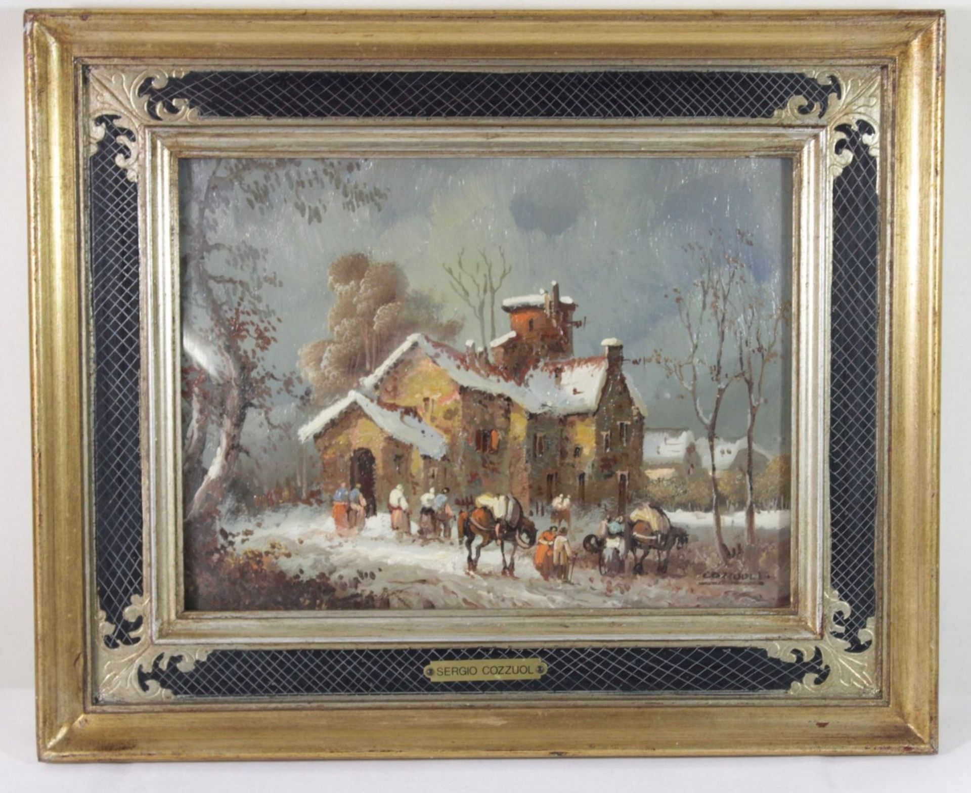 Sergio COZZUOL (1941), Winterlandschaft mit Personen, Öl/Blech, gerahmt/Glas, RG 28 x 34cm. - Bild 3 aus 5