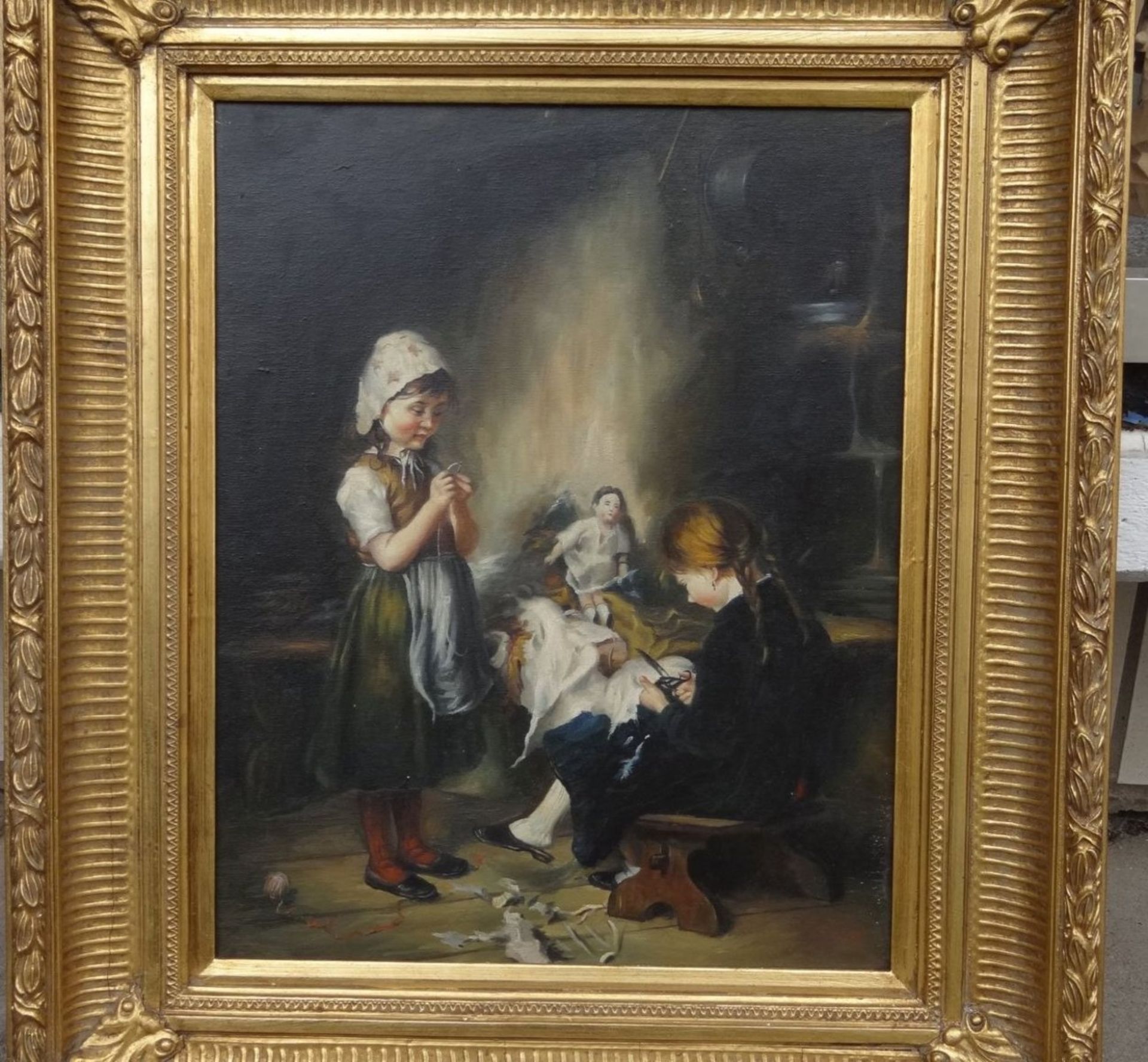 anonyme, handarbeitende Kinder, Öl/Leinen, gut gerahmt, RG 70x60 cm - Bild 3 aus 7